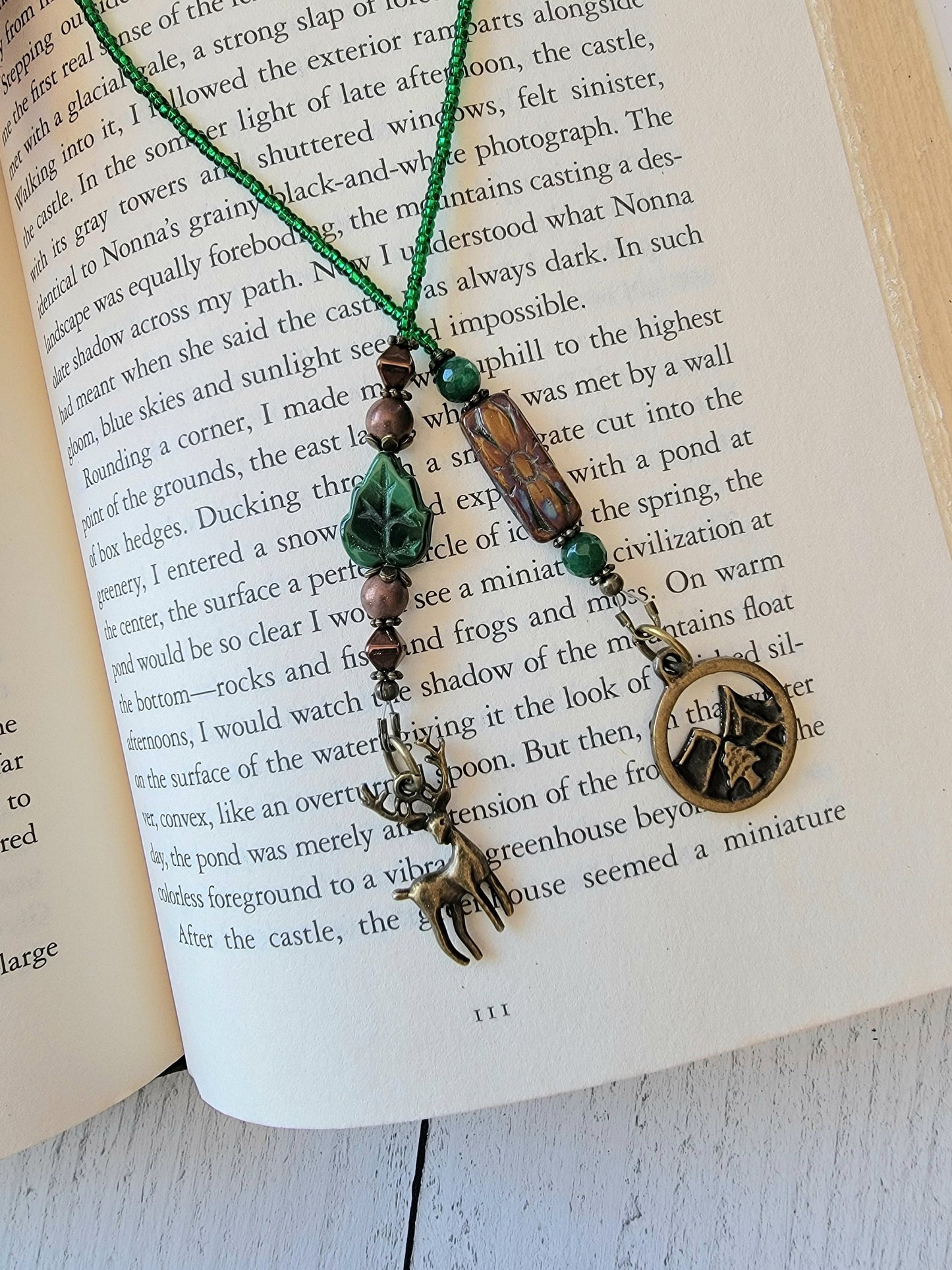 Rustic Chic Beaded Bookmark with Bronze Stag, Mountain Charms