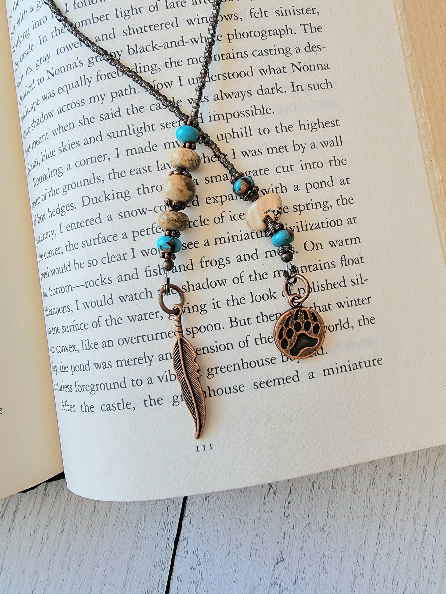 Picture Jasper Beaded Bookmark with Fetish Bear Bead and Turquoise Accents