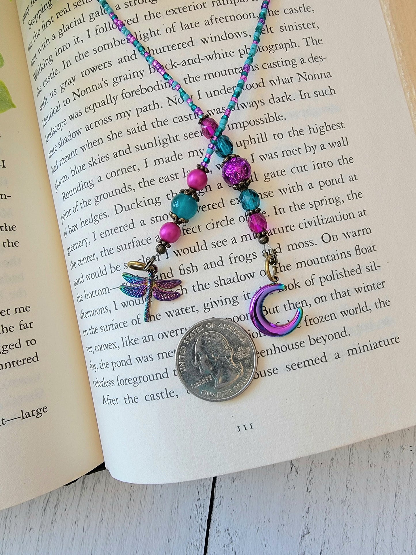 Whimsical Beaded Bookmark with Vibrant Beads and Electroplated Dragonfly and Moon Charms