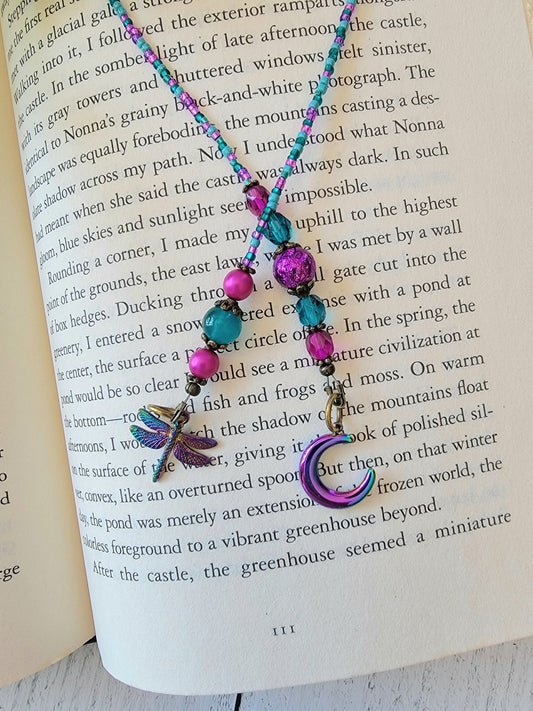 Whimsical Beaded Bookmark with Vibrant Beads and Electroplated Dragonfly and Moon Charms