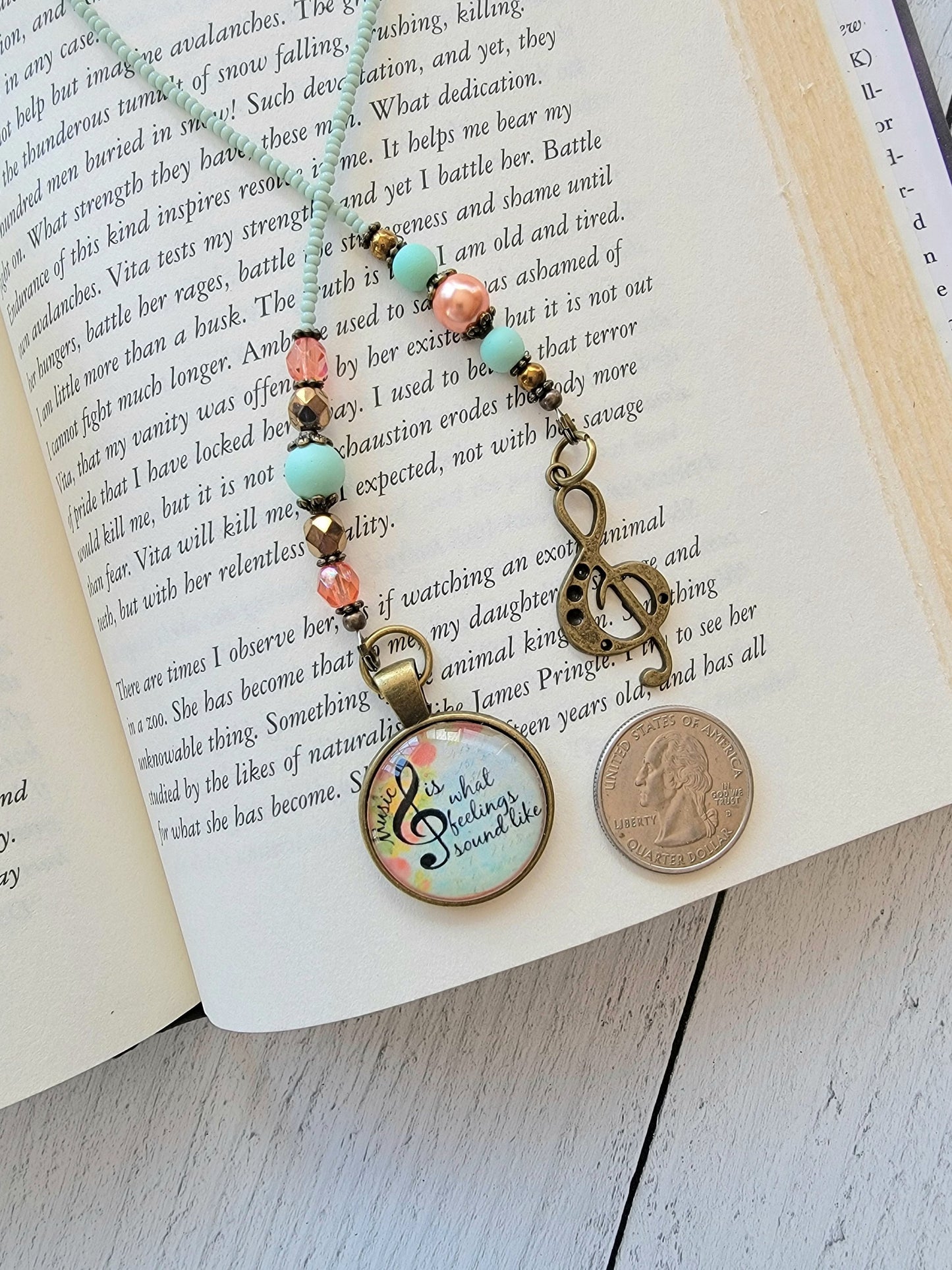 Handcrafted Bookmark with Inspiring Music Quote Pendant and Charming Music Note Charm