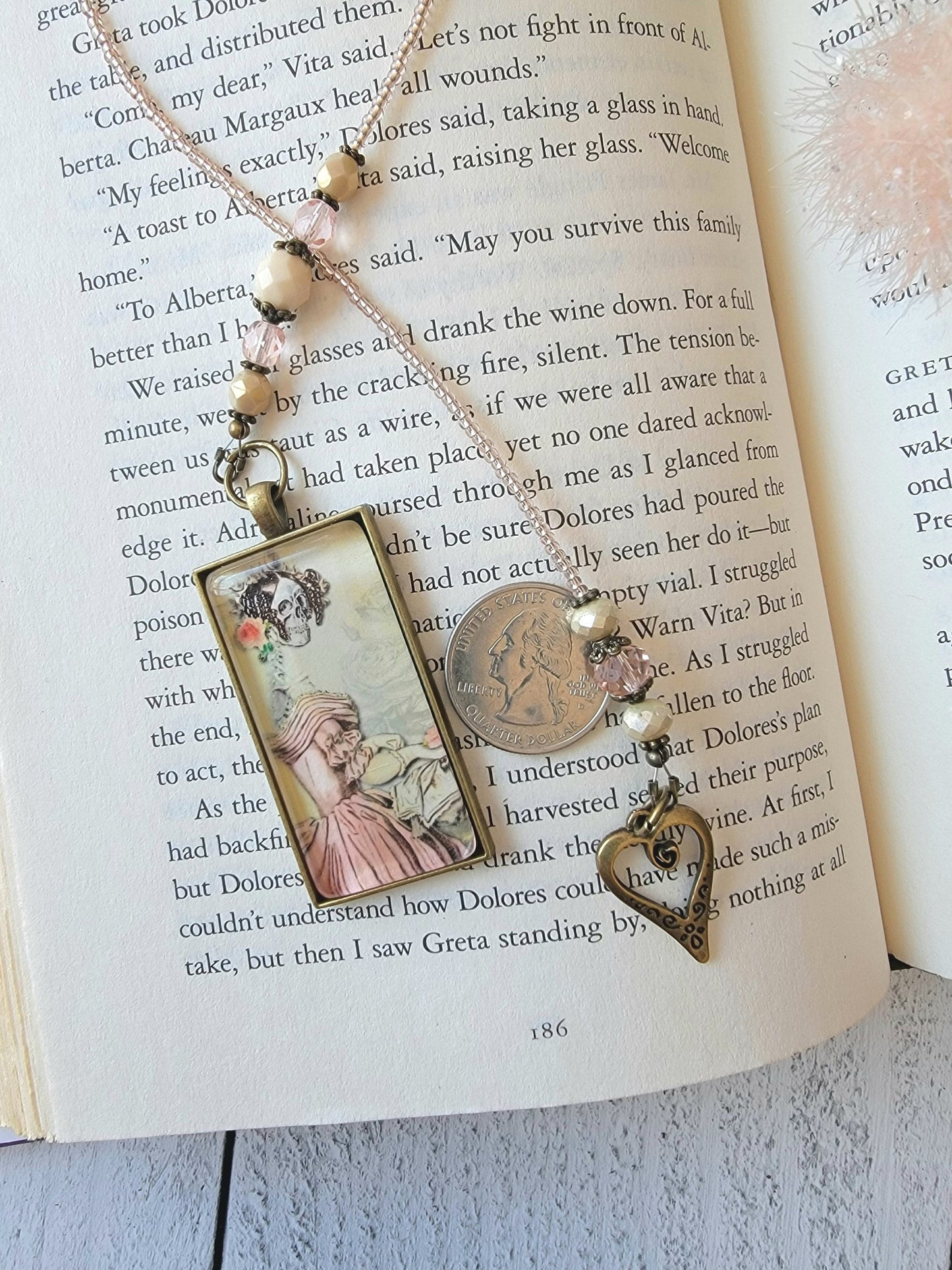 Whimsical Beaded Bookmark featuring a Skeleton in a Pink Victorian Gown