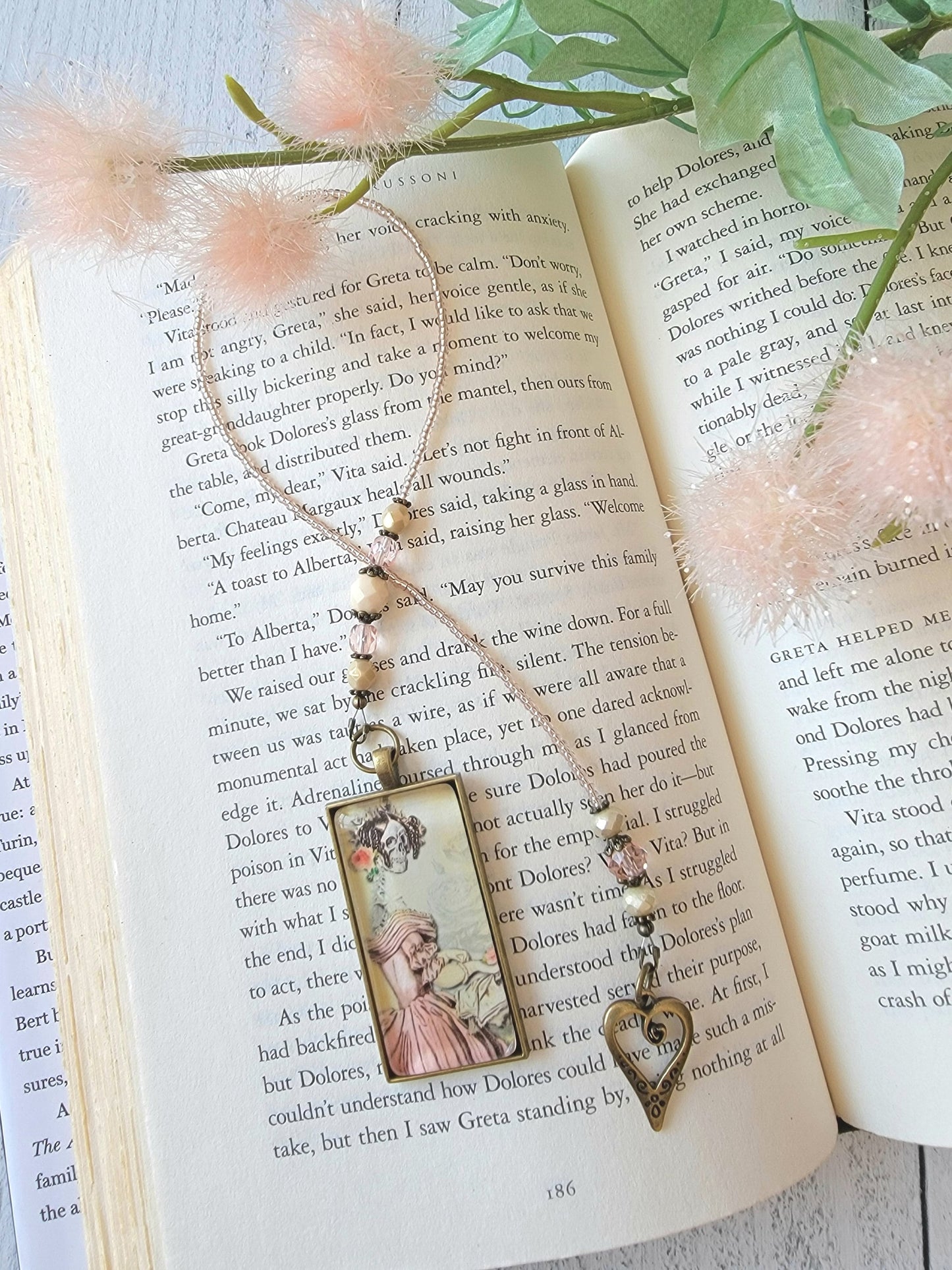 Whimsical Beaded Bookmark featuring a Skeleton in a Pink Victorian Gown