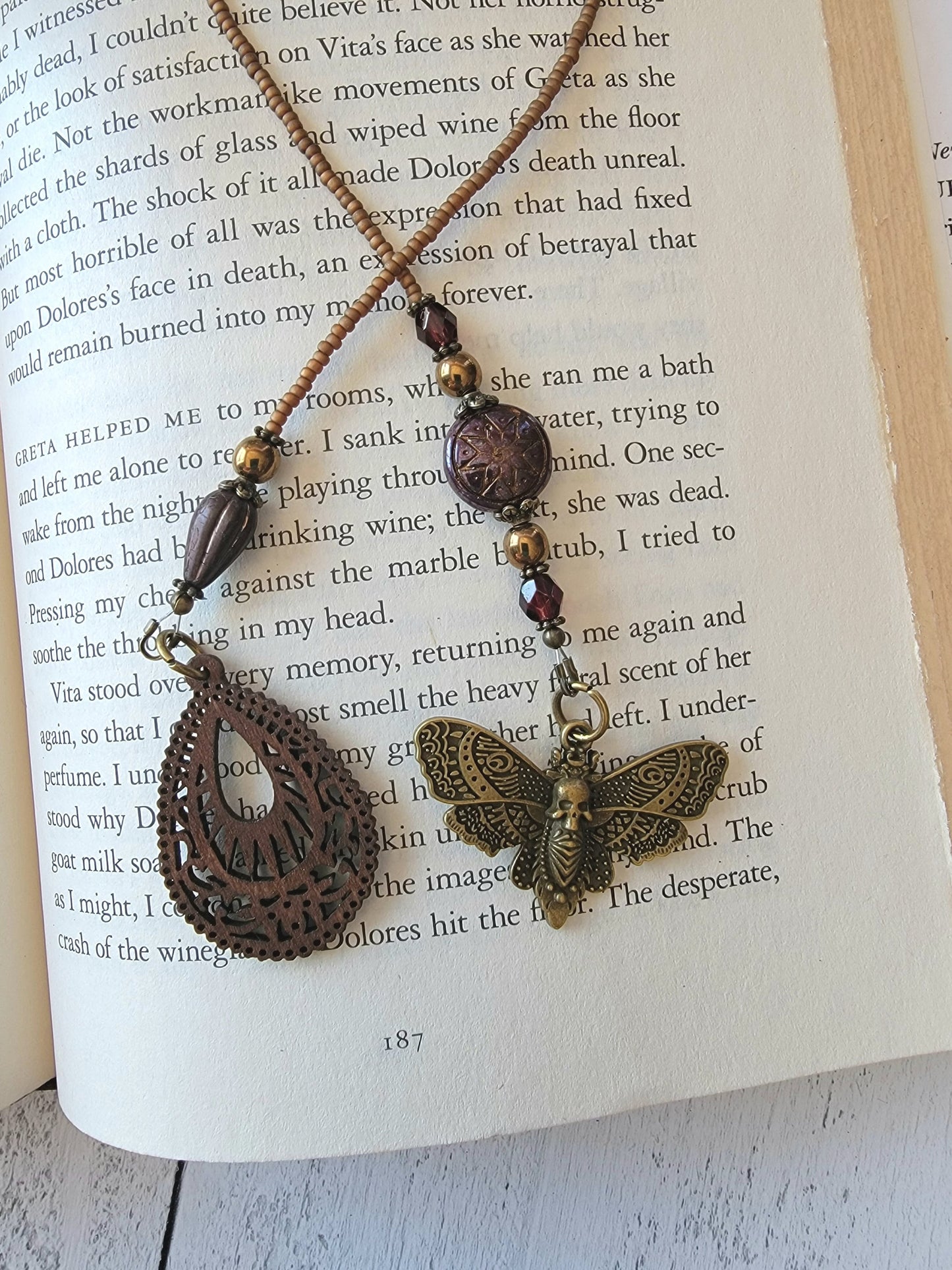 Gothic-inspired Beaded Bookmark with Hawkmoth Charm - Perfect for Gothic Literature Lovers