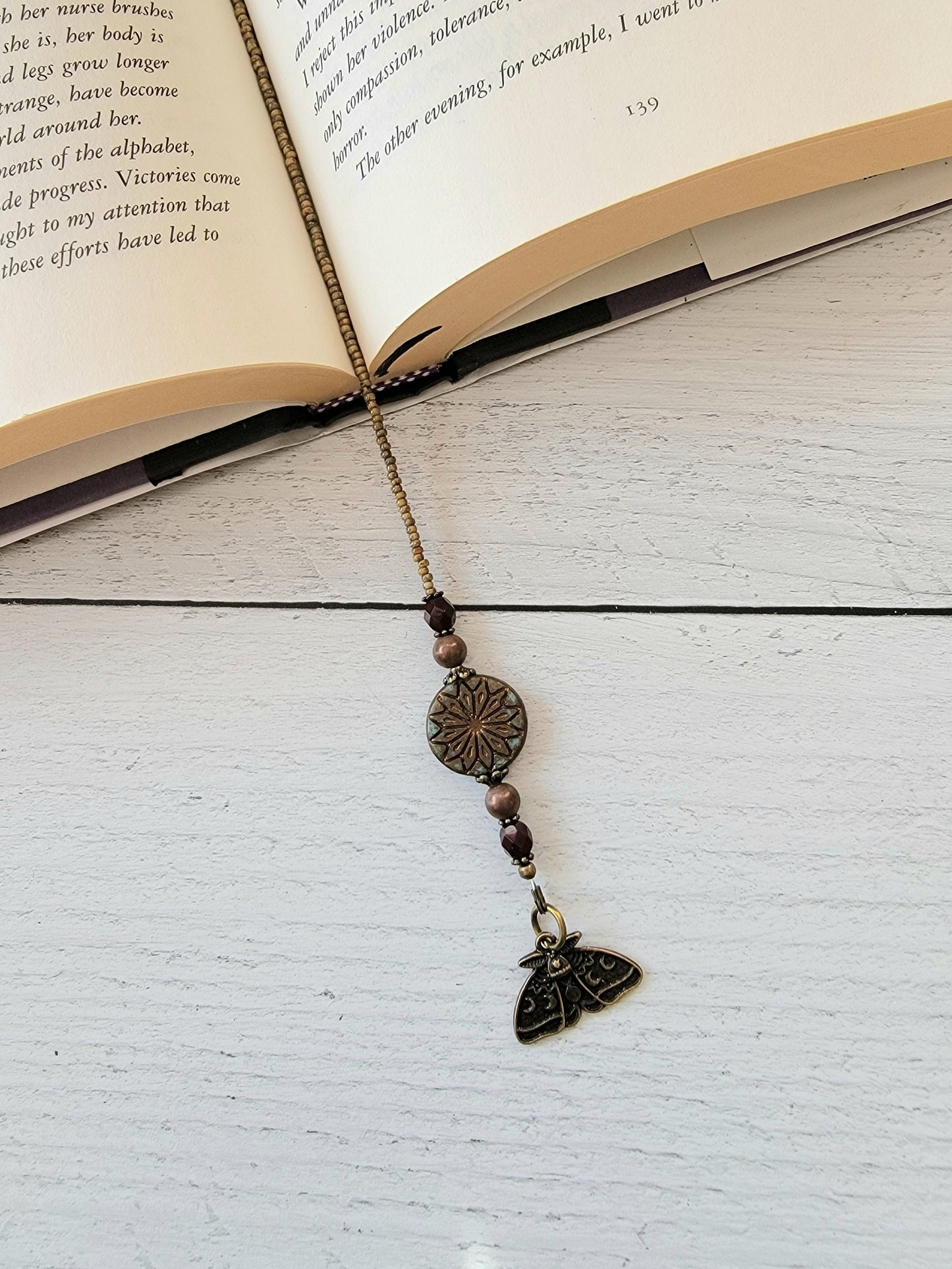 Nature-Inspired Luna Moth Beaded Bookmark with Charming Mushroom Accent