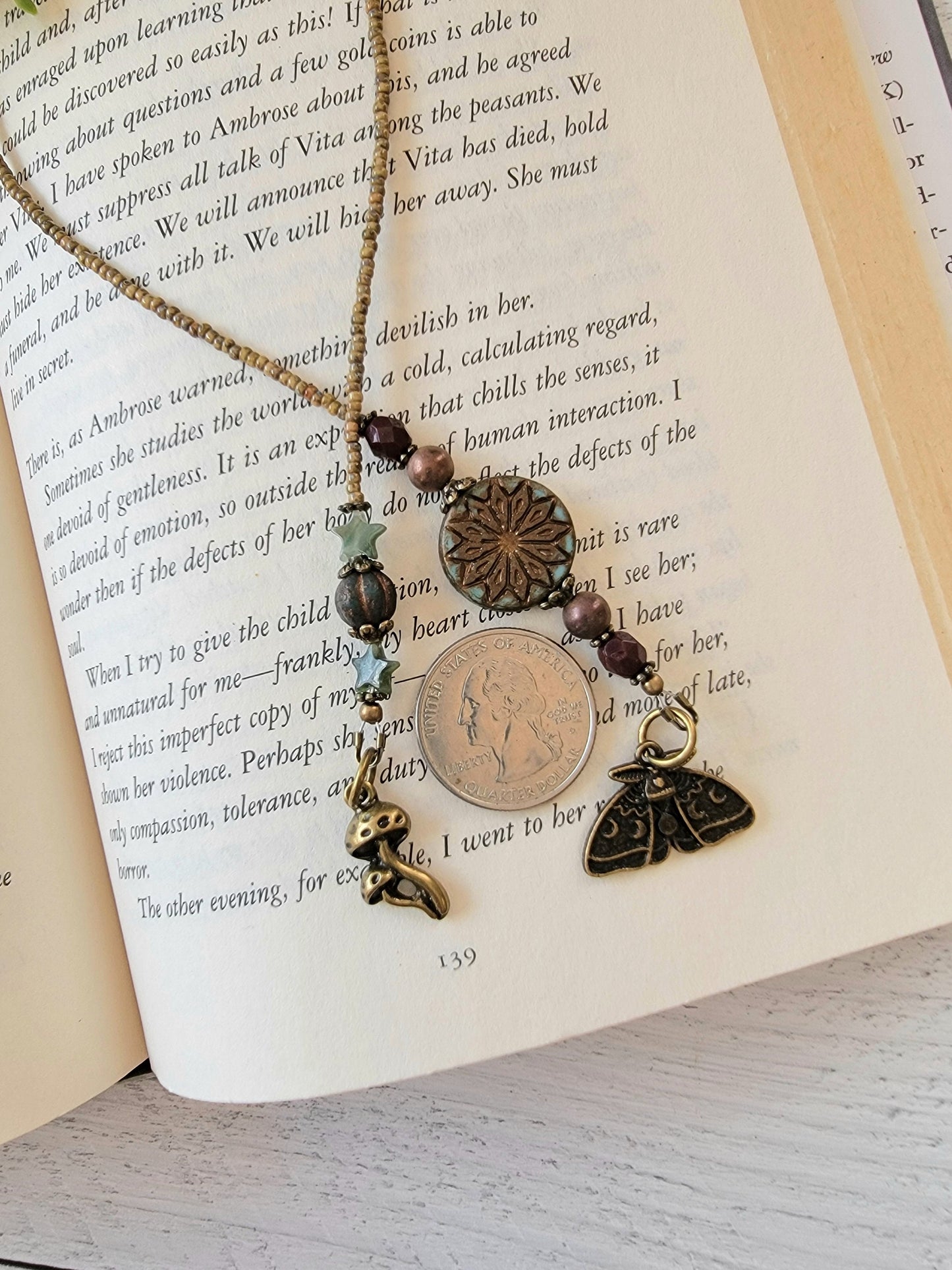 Nature-Inspired Luna Moth Beaded Bookmark with Charming Mushroom Accent