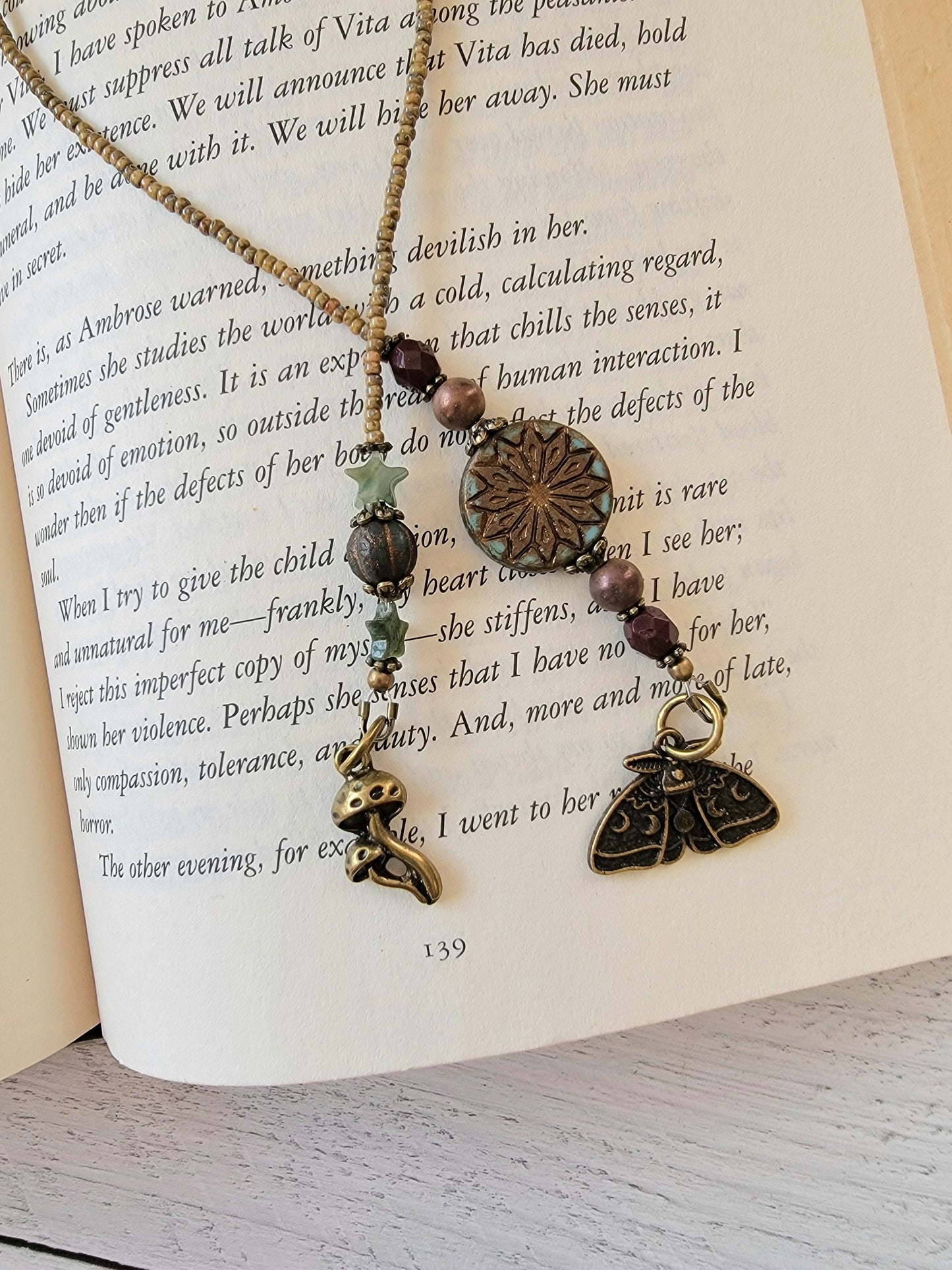 Nature-Inspired Luna Moth Beaded Bookmark with Charming Mushroom Accent