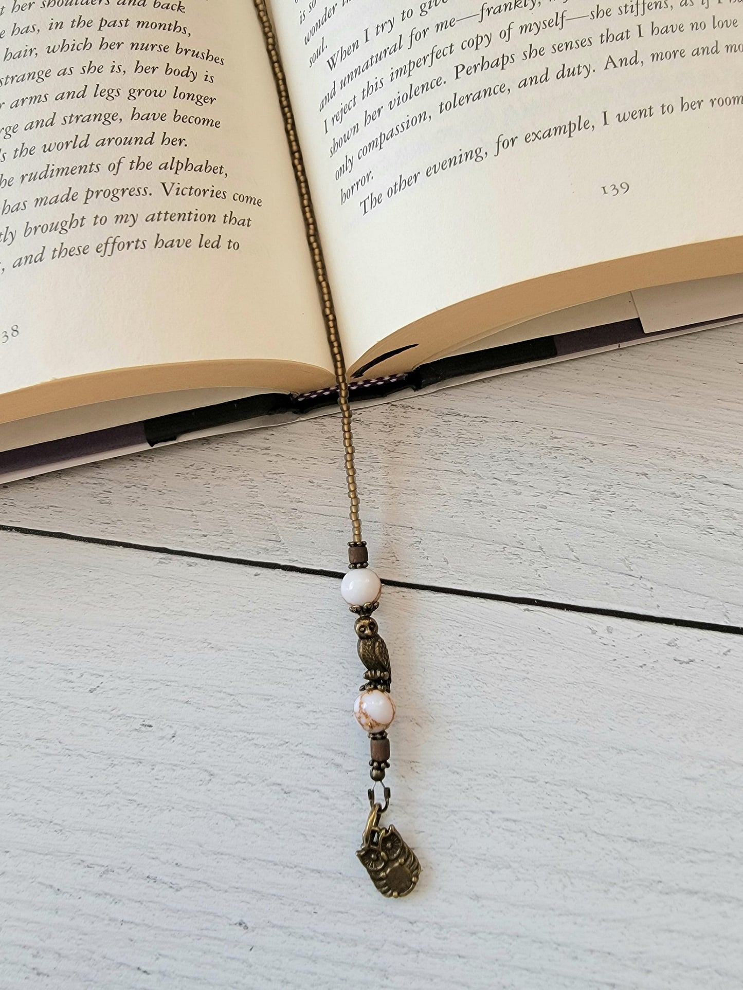 Owl and Howlite Leaf Beaded Bookmark, Nature Reader Gift