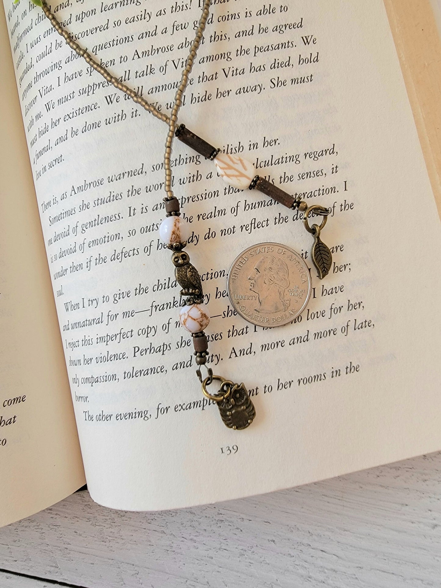 Owl and Howlite Leaf Beaded Bookmark, Nature Reader Gift