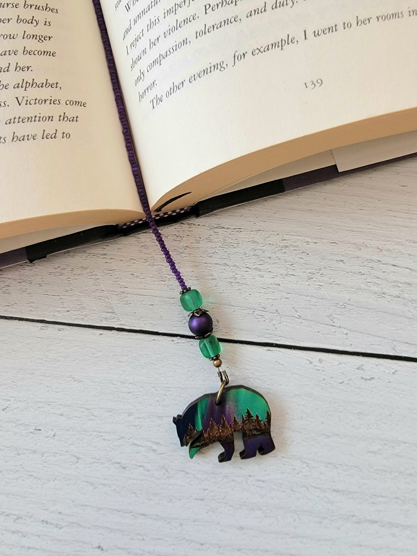 Woodland Bear Beaded Bookmark with Aurora Borealis Accent - Handmade Gift