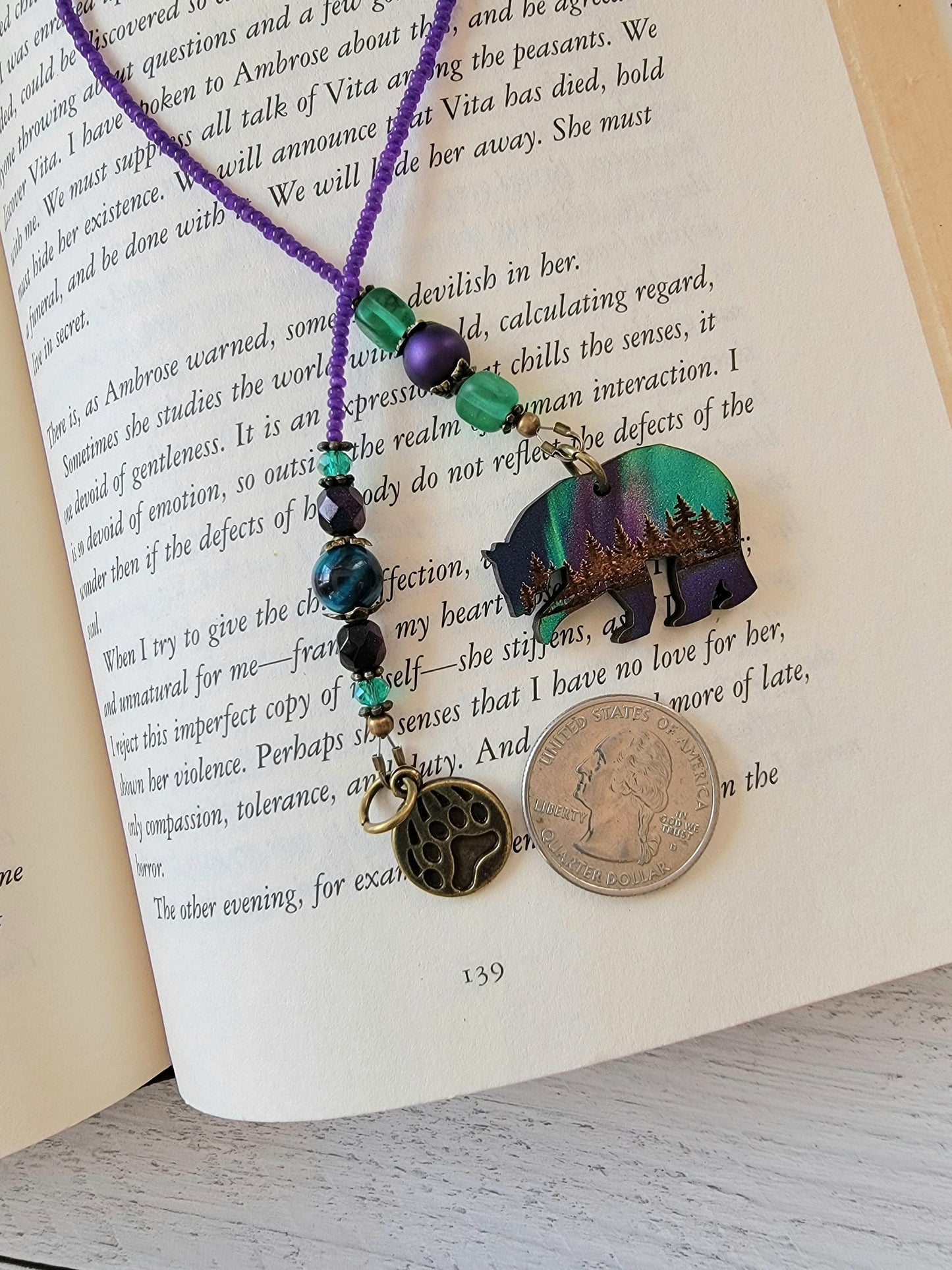 Woodland Bear Beaded Bookmark with Aurora Borealis Accent - Handmade Gift