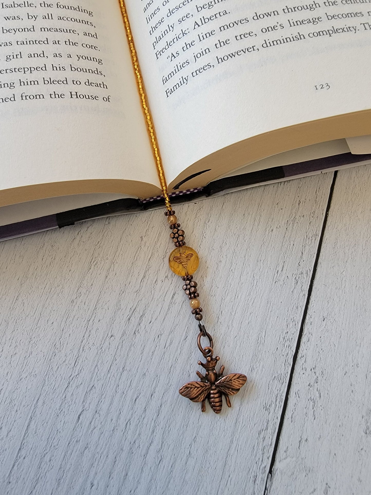 Bee-inspired Beaded Bookmark with Honey Colored Bee Bead and Copper Queen Bee & Honeycomb Charms