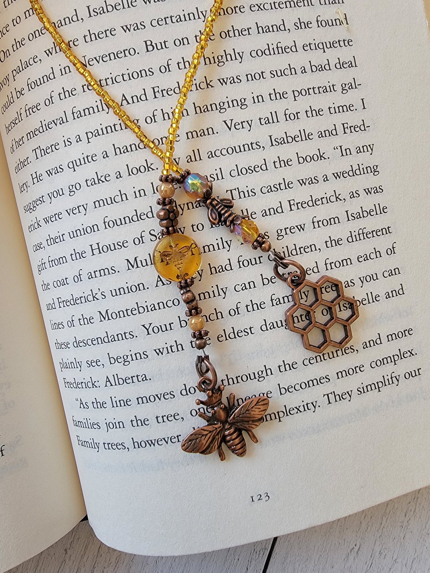 Bee-inspired Beaded Bookmark with Honey Colored Bee Bead and Copper Queen Bee & Honeycomb Charms