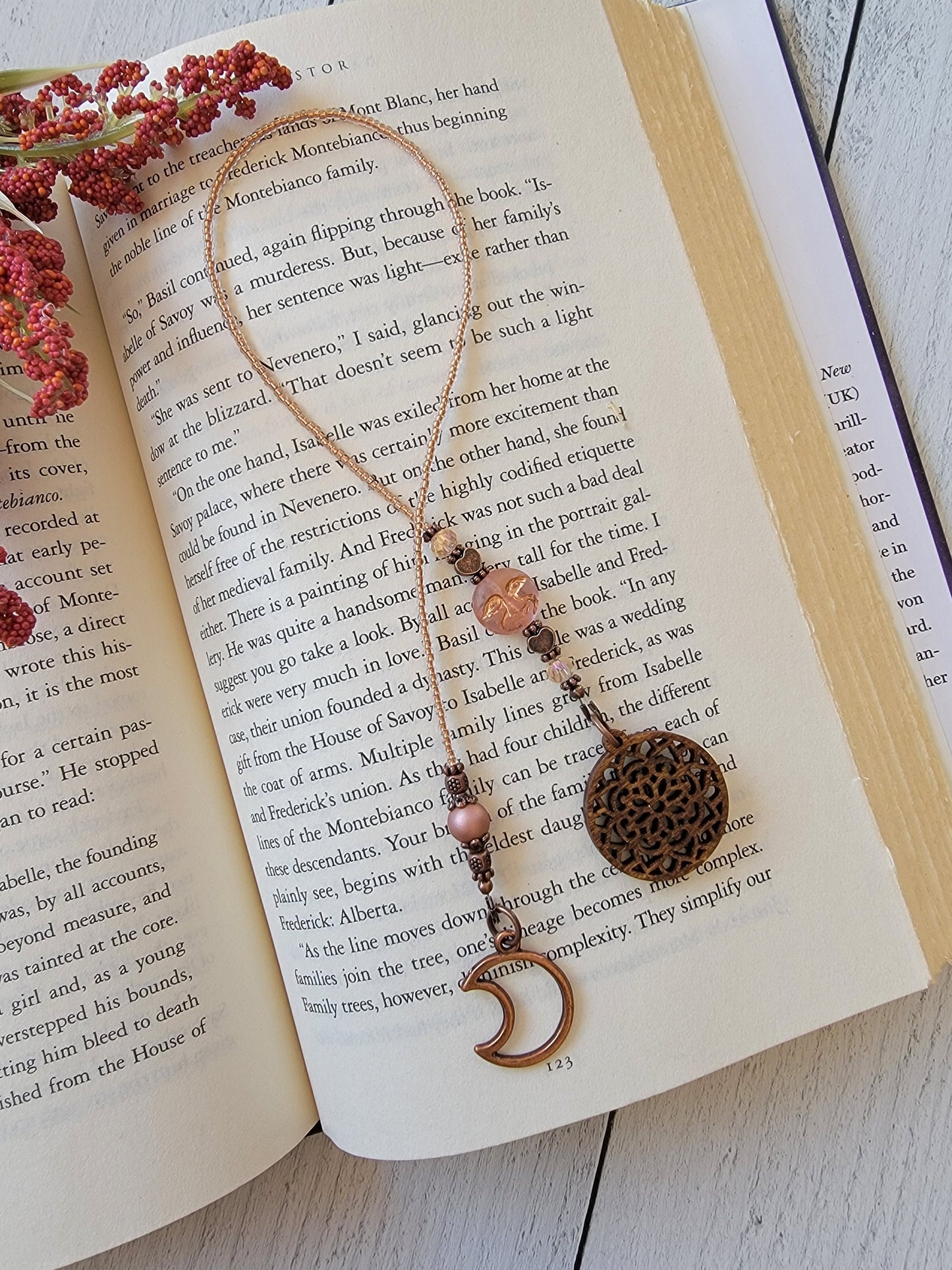 Celestial Inspired Beaded Bookmark with Man in the Moon Czech Glass Bead and Wood Mandala Charm