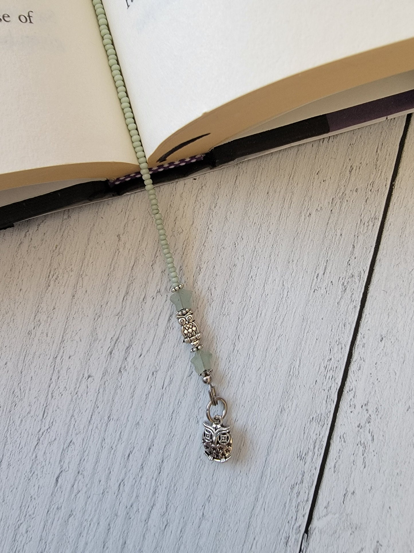 Minimal Style Beaded Bookmark with Aventurine Stone Star Bead and Silver Plated Owl Bead