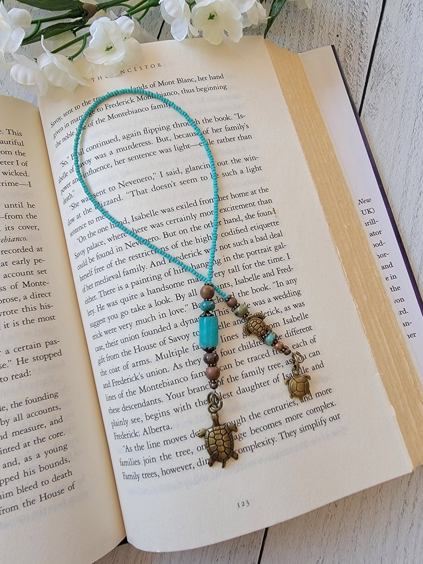 Unique Handmade Beaded Bookmark with Amazonite Bead and Sea Turtle Charm - Coastal Reader's Gift