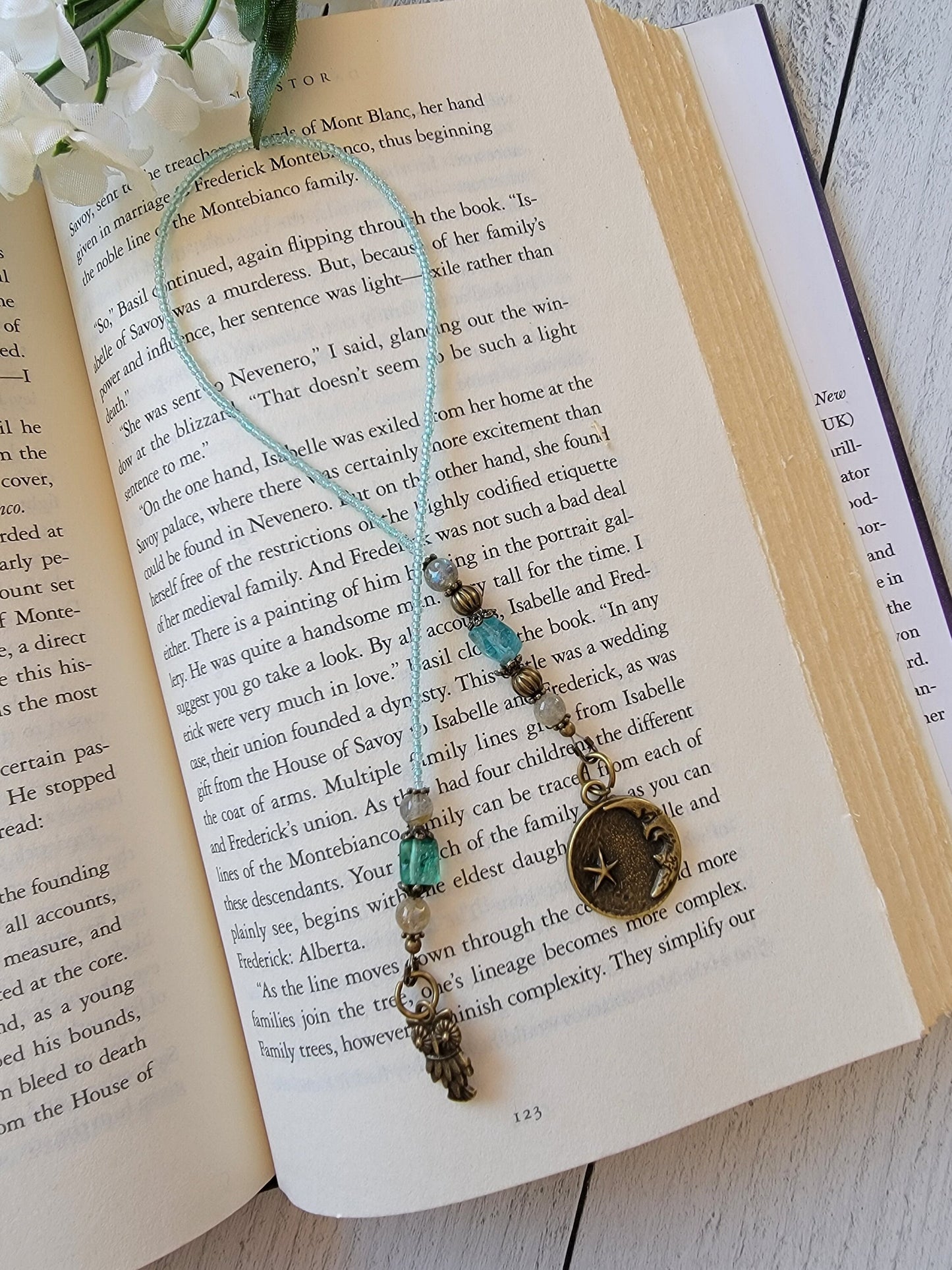 Apatite and Labradorite Beaded Bookmark with Bronze Moon and Owl Charms, Unique Literary Gift