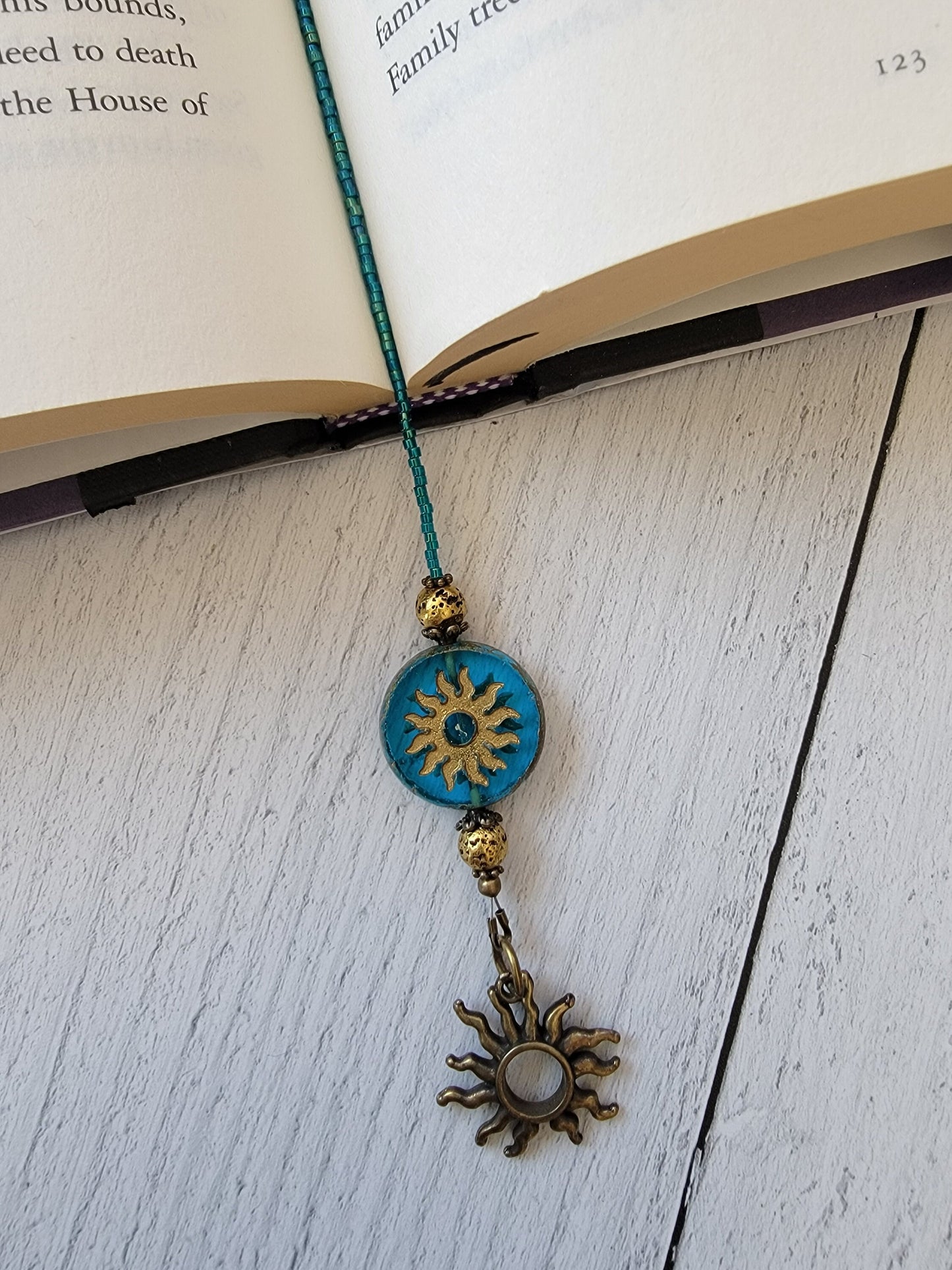 Unique Reader Gift, Teal Blue and Bronze Beaded Bookmark with Sun Theme