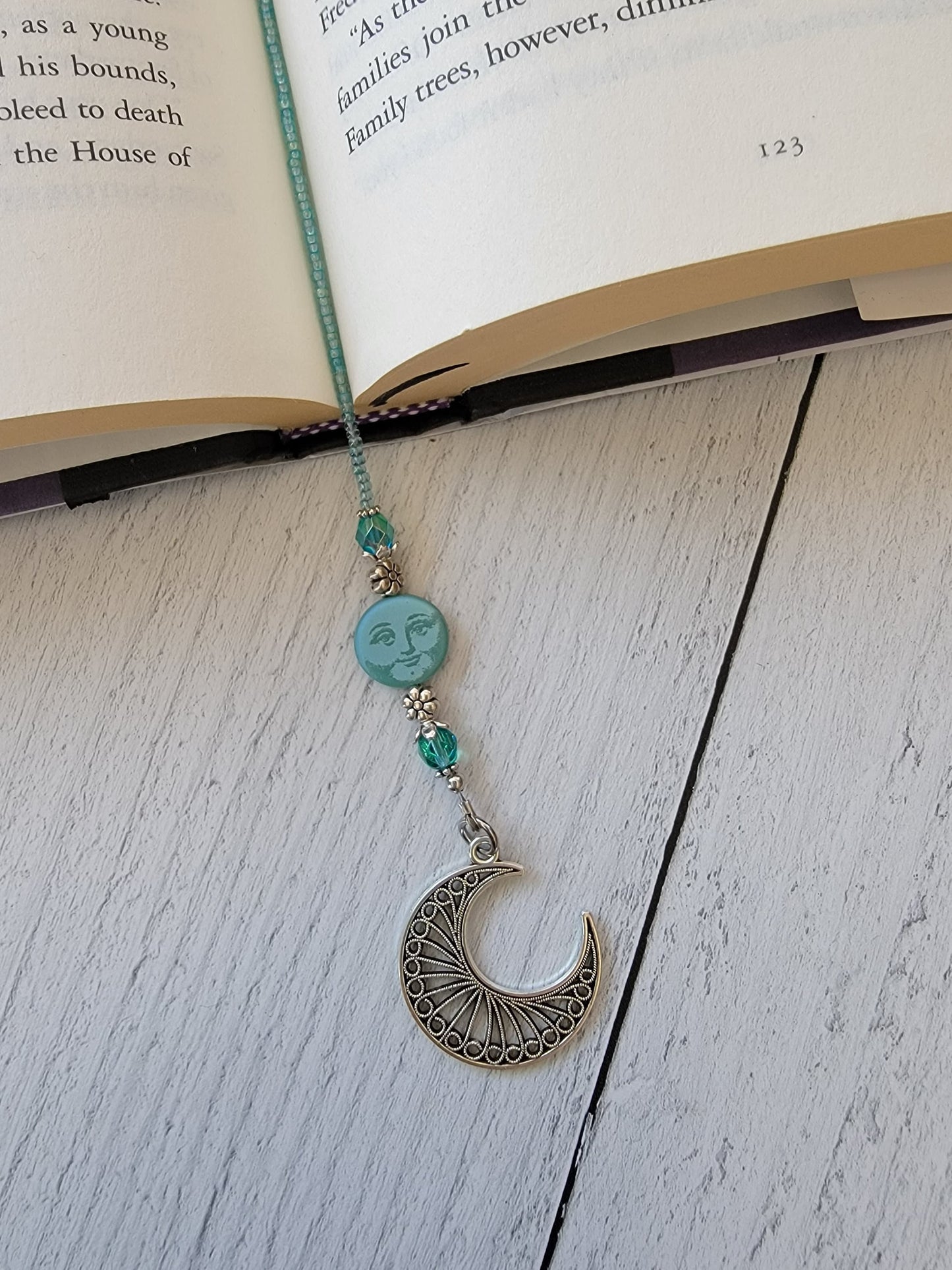 Celestial Moon Beaded Bookmark with Whimsical Man in the Moon Bead