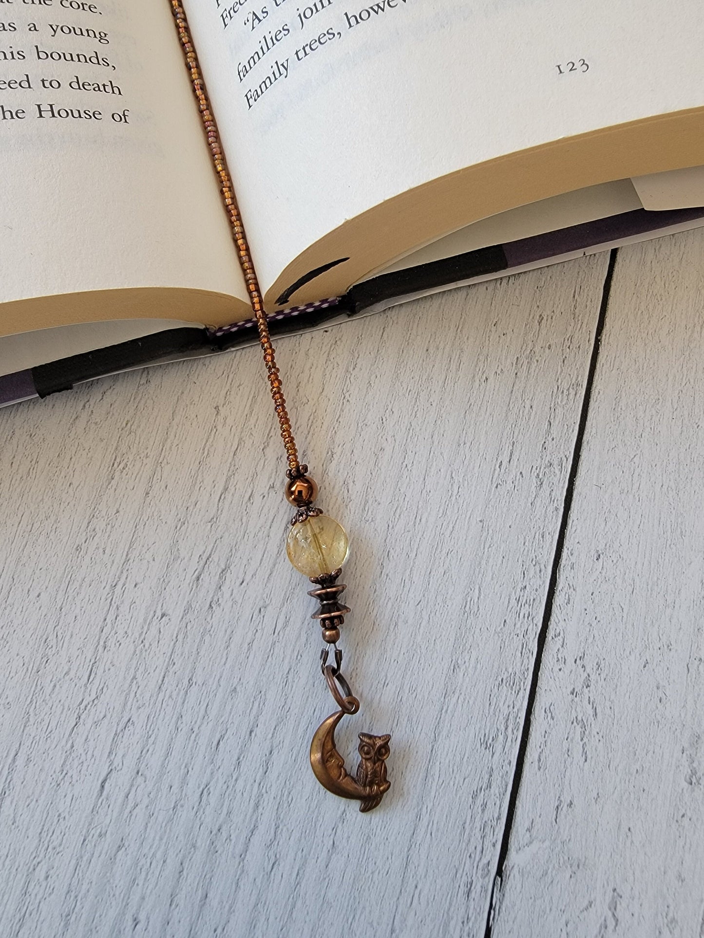 Copper Moon and Owl Bookmark with Beads of Citrine and Tiger's Eye