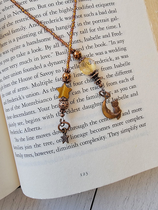 Copper Moon and Owl Bookmark with Beads of Citrine and Tiger's Eye