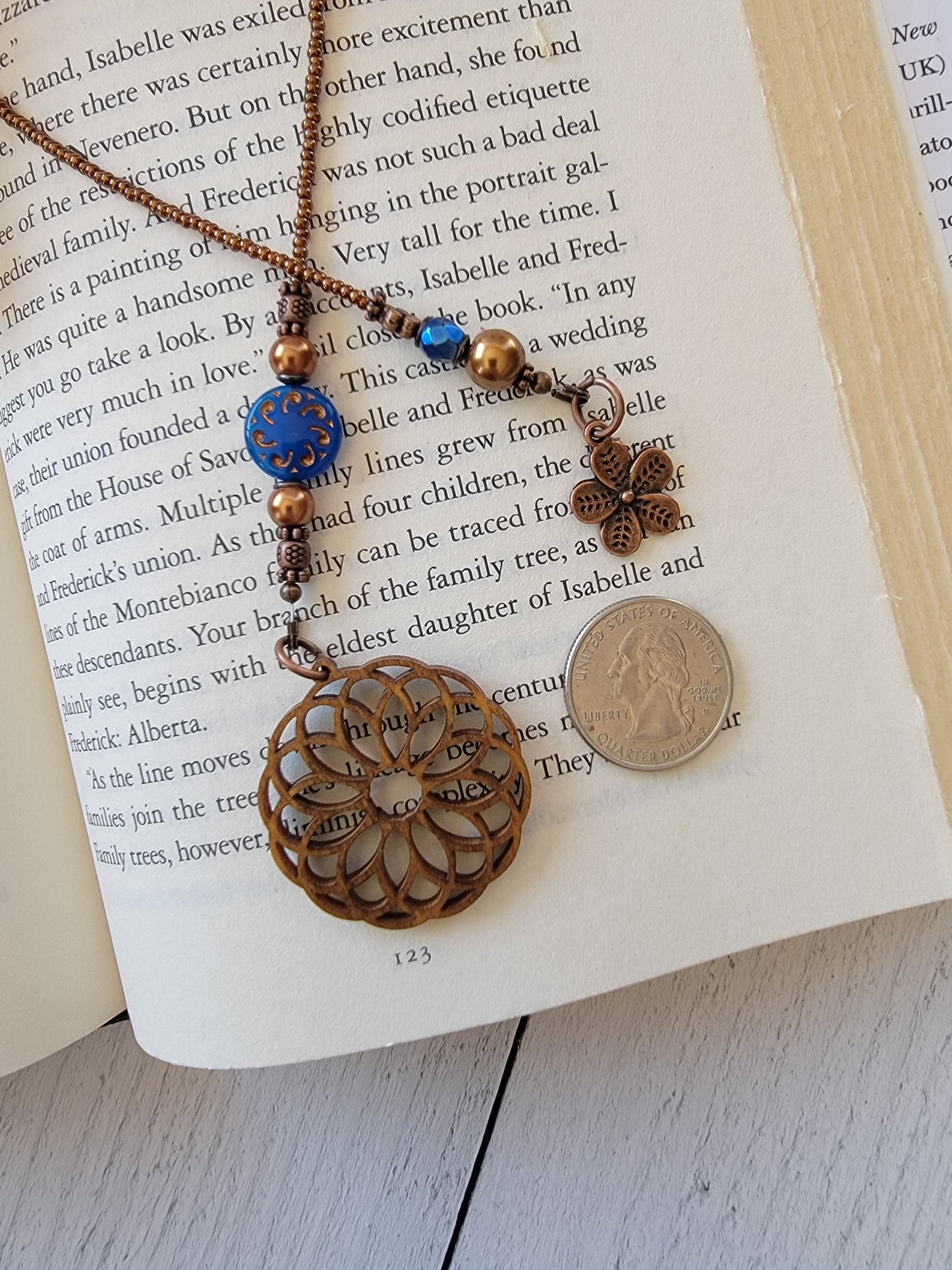 Blue and Copper Boho Mandala Beaded Bookmark with Czech Glass Beads