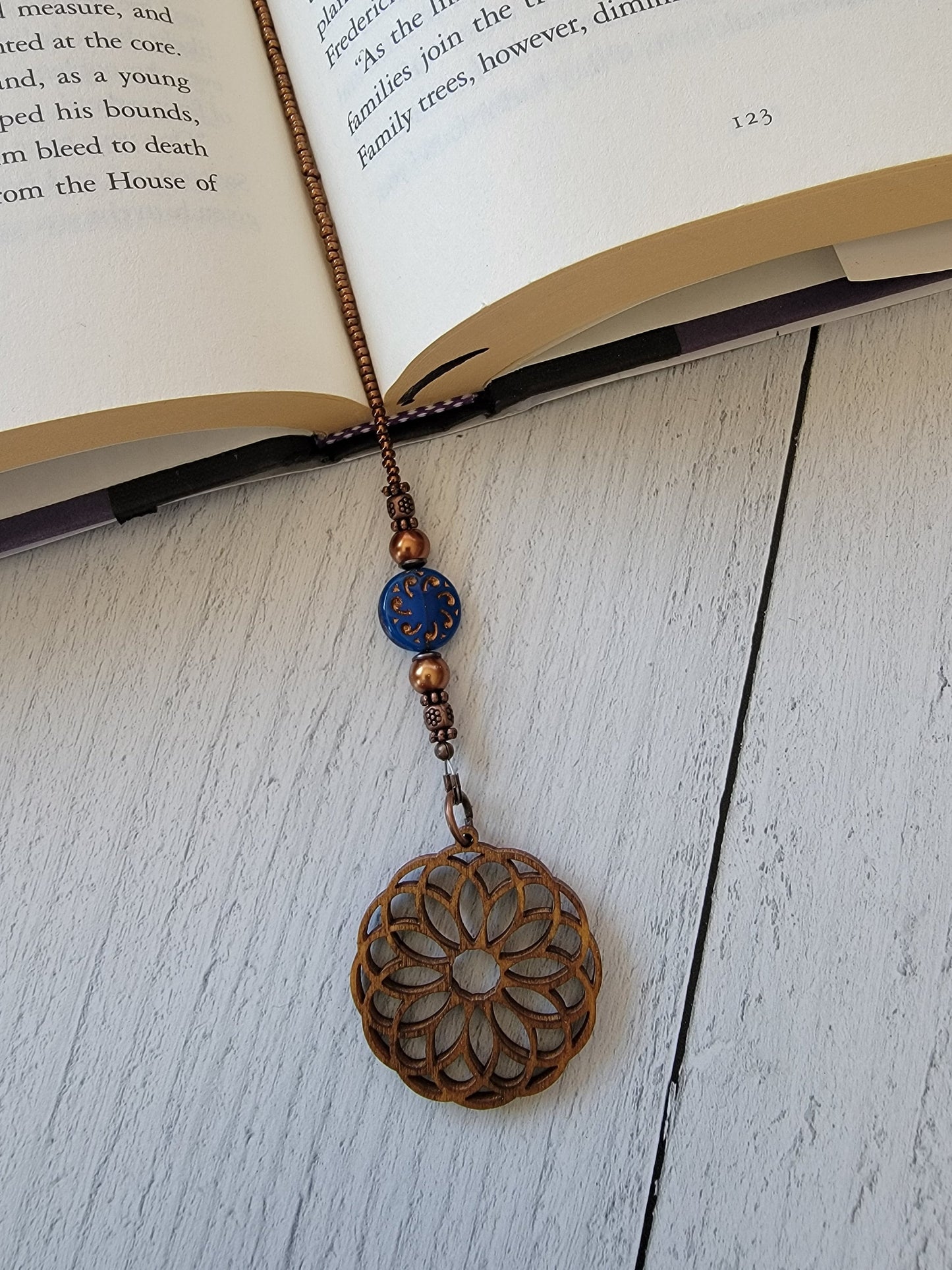 Blue and Copper Boho Mandala Beaded Bookmark with Czech Glass Beads