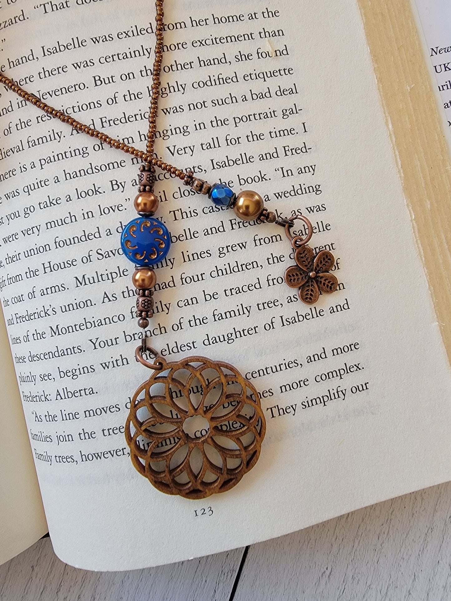 Blue and Copper Boho Mandala Beaded Bookmark with Czech Glass Beads