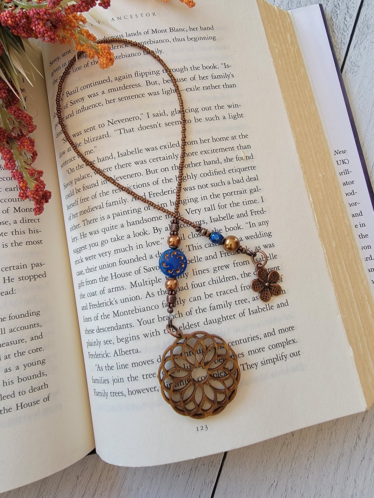 Blue and Copper Boho Mandala Beaded Bookmark with Czech Glass Beads