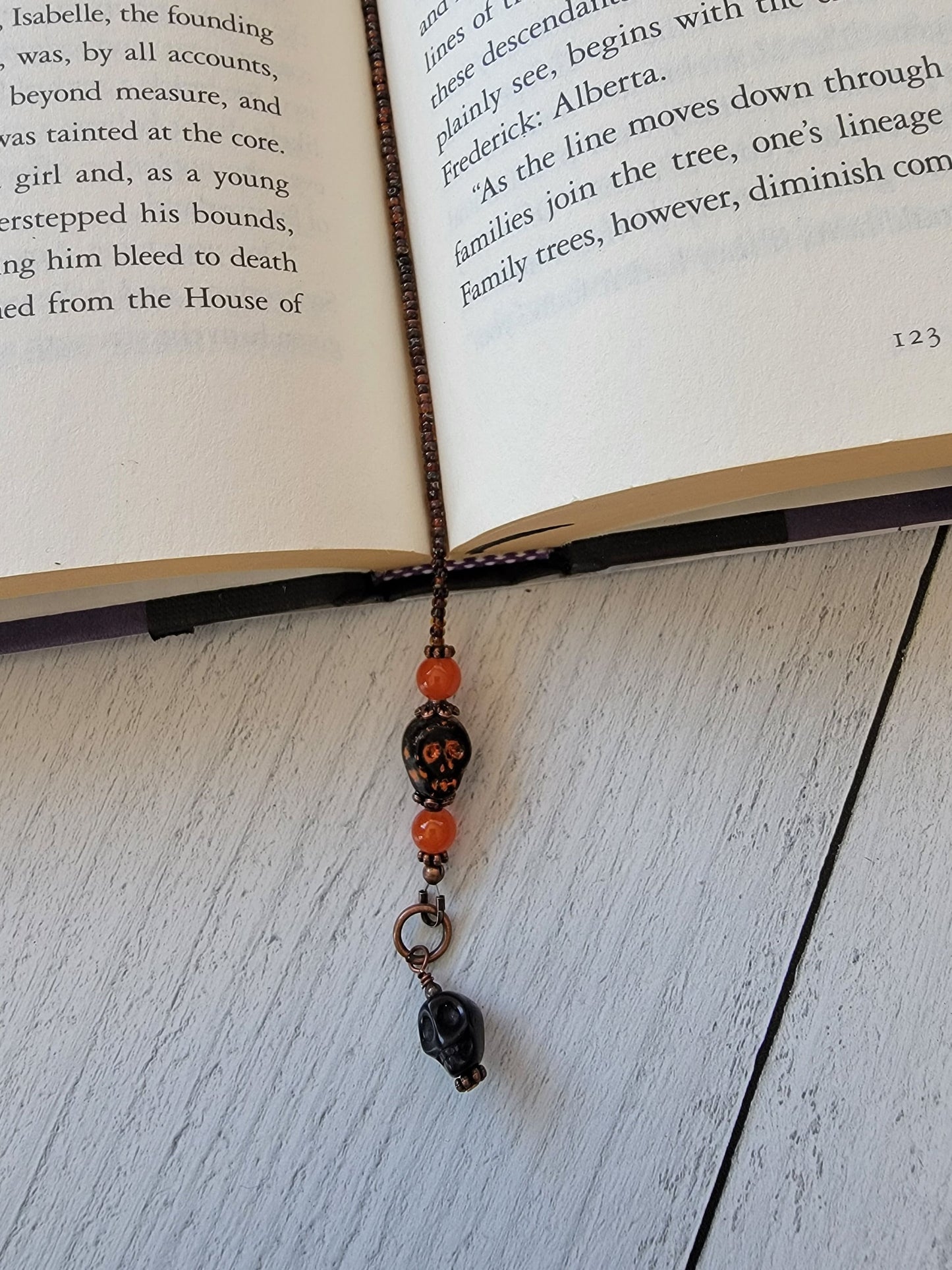 Cute Macabre Black and Orange Beaded Bookmark with Cute Glass Skull Bead - Add a Touch of Spooky Charm