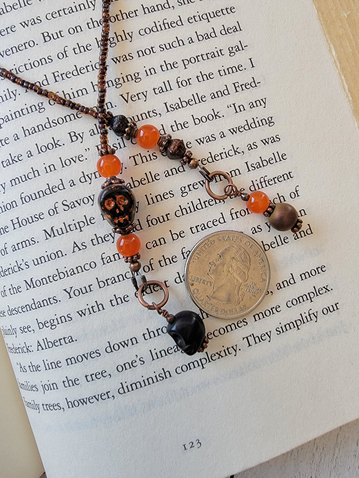 Cute Macabre Black and Orange Beaded Bookmark with Cute Glass Skull Bead - Add a Touch of Spooky Charm