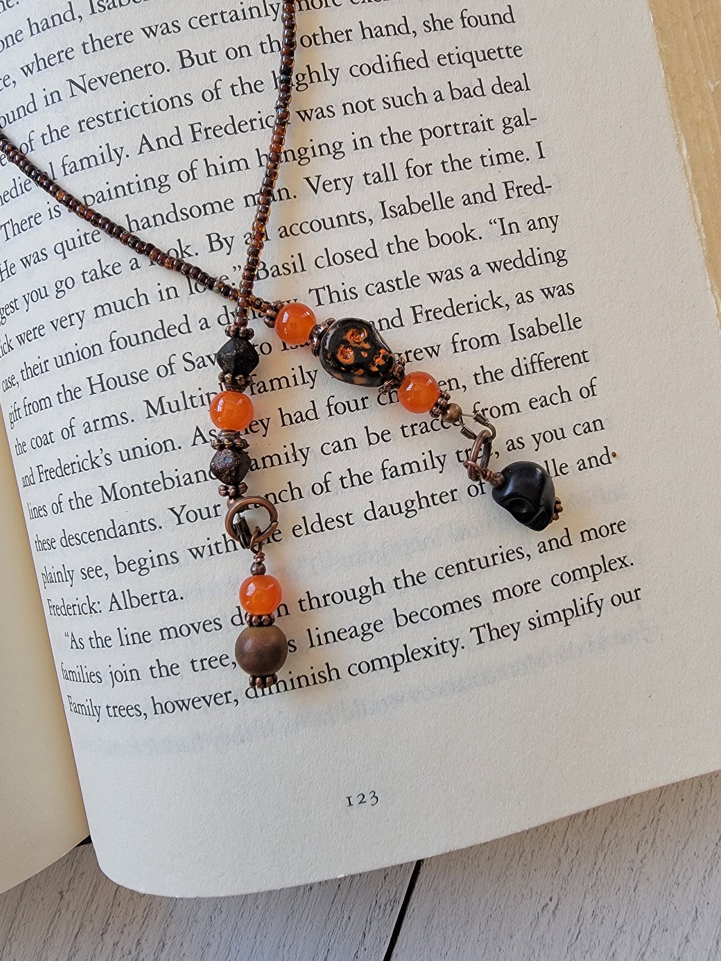 Cute Macabre Black and Orange Beaded Bookmark with Cute Glass Skull Bead - Add a Touch of Spooky Charm