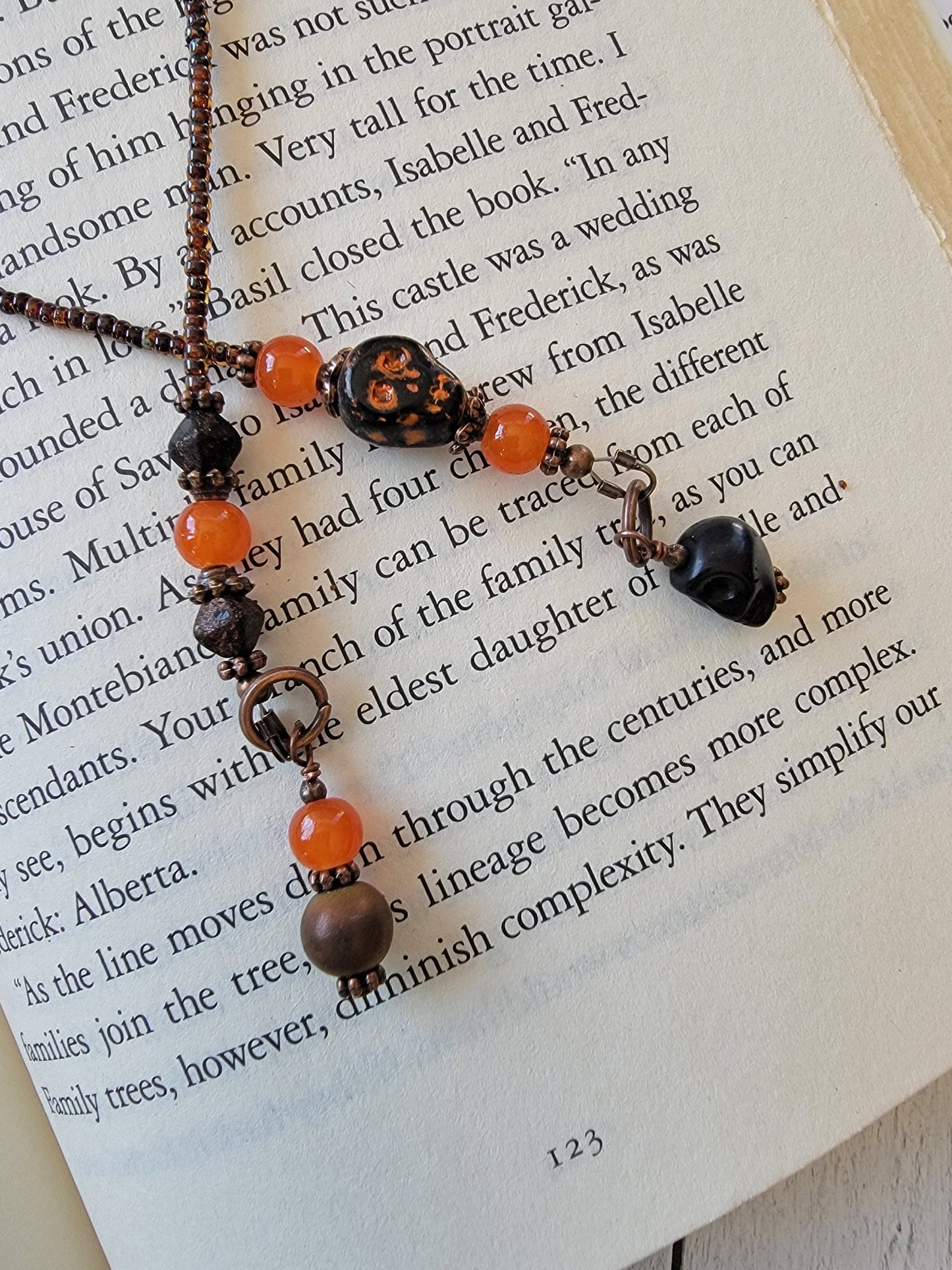 Cute Macabre Black and Orange Beaded Bookmark with Cute Glass Skull Bead - Add a Touch of Spooky Charm