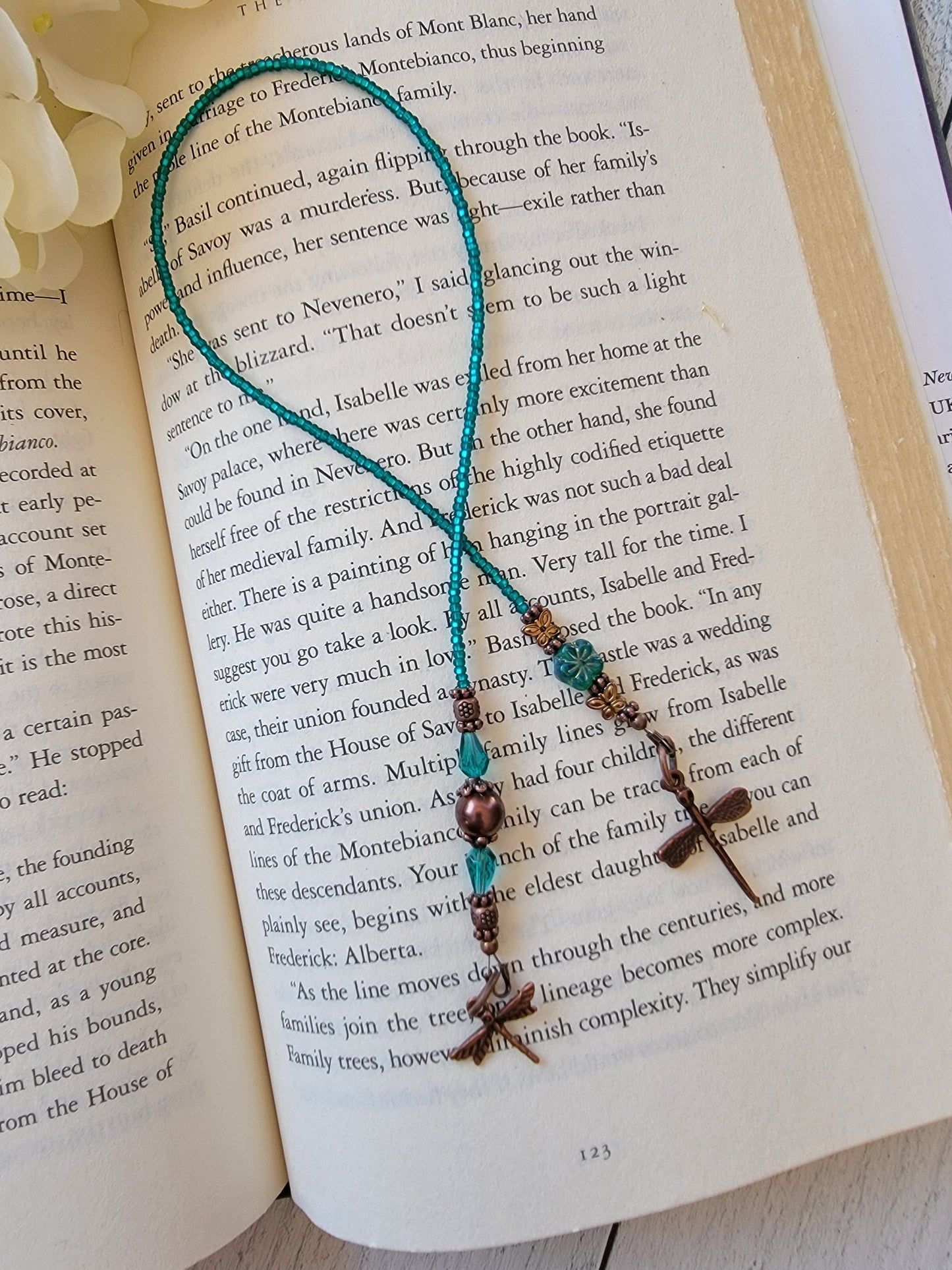 Unique Copper Dragonfly Beaded Bookmark featuring Sweet Floral and Butterfly Embellishments