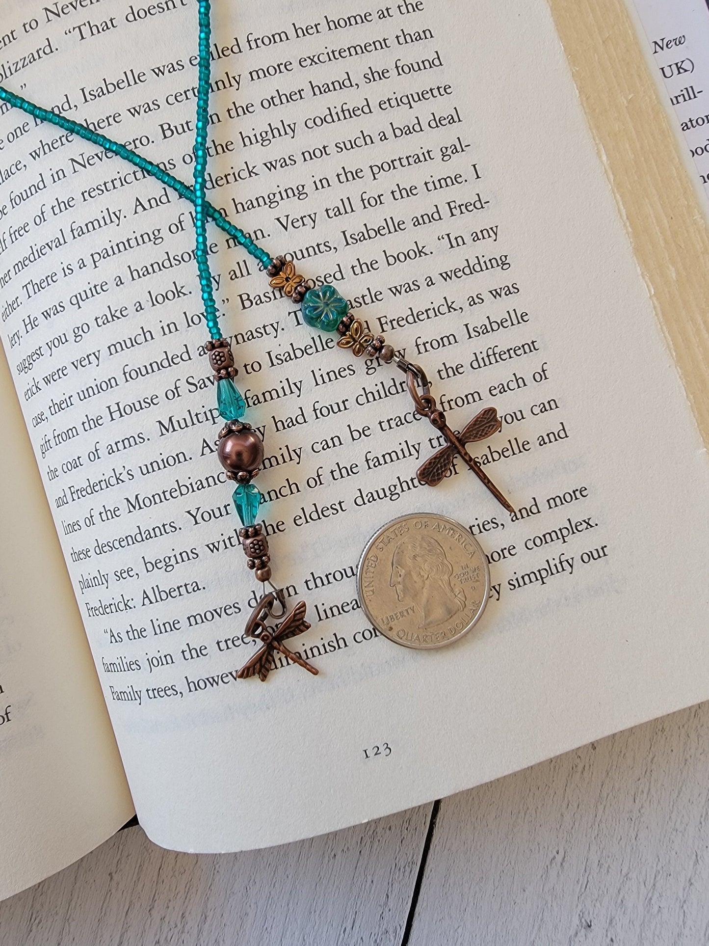 Unique Copper Dragonfly Beaded Bookmark featuring Sweet Floral and Butterfly Embellishments