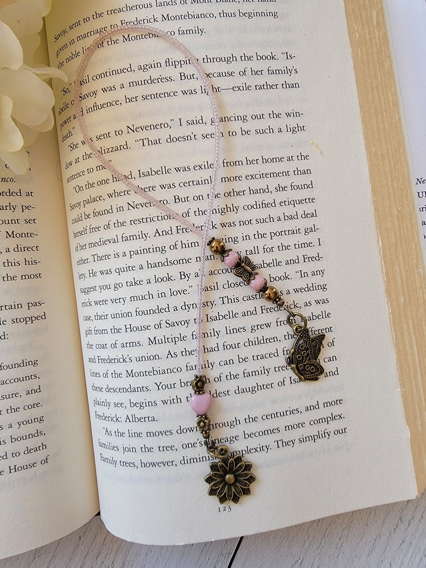 Whimsical Beaded Bookmark with Butterfly and Flower Charms - Handcrafted Pink Heart Accent