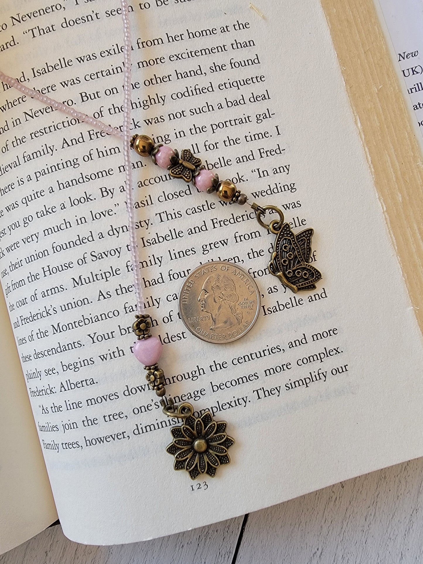 Whimsical Beaded Bookmark with Butterfly and Flower Charms - Handcrafted Pink Heart Accent