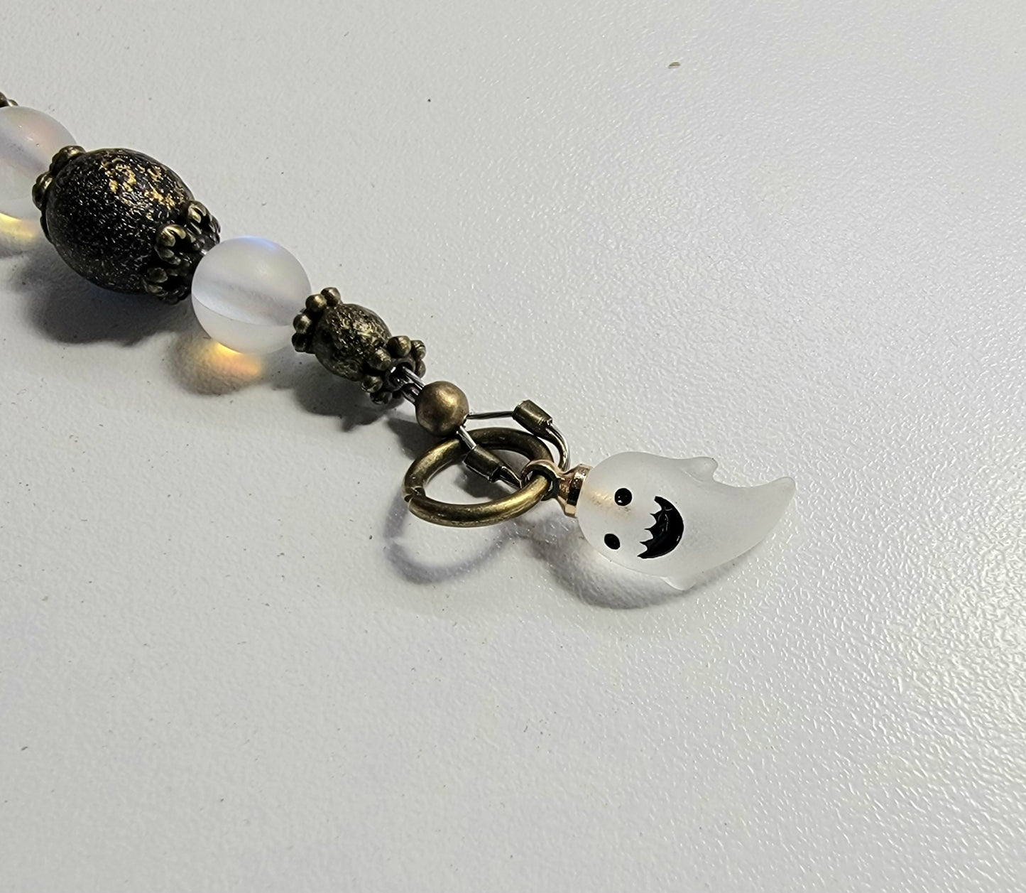 Whimsical Beaded Bookmark with Tiny Ghost Charm and Moon Bead