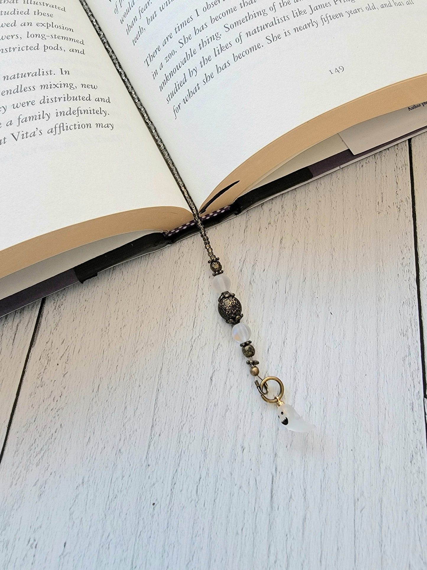 Whimsical Beaded Bookmark with Tiny Ghost Charm and Moon Bead