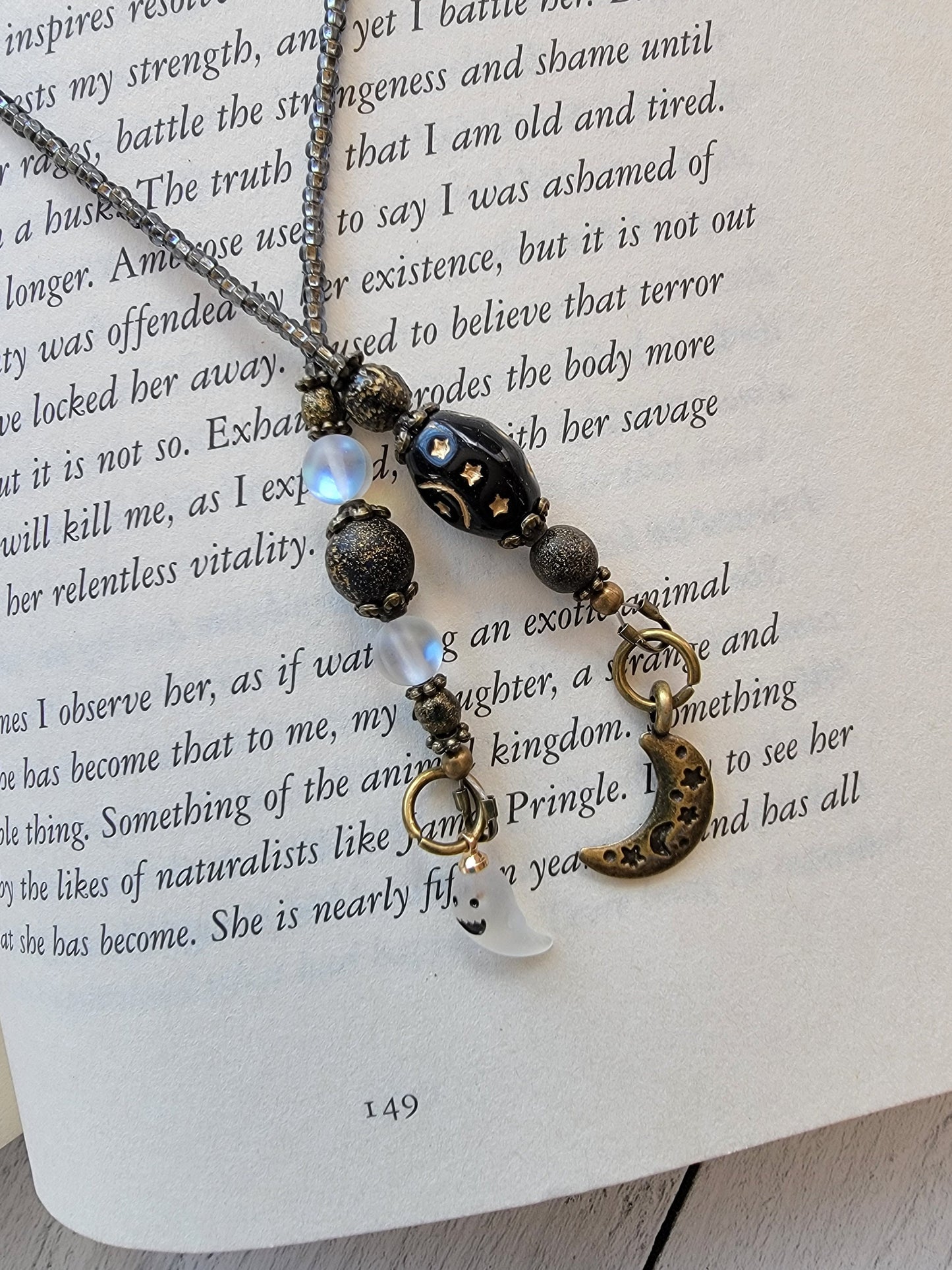 Whimsical Beaded Bookmark with Tiny Ghost Charm and Moon Bead