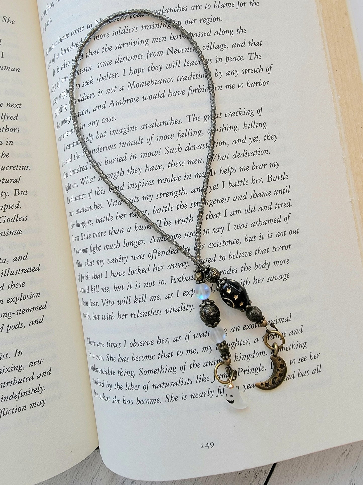 Whimsical Beaded Bookmark with Tiny Ghost Charm and Moon Bead