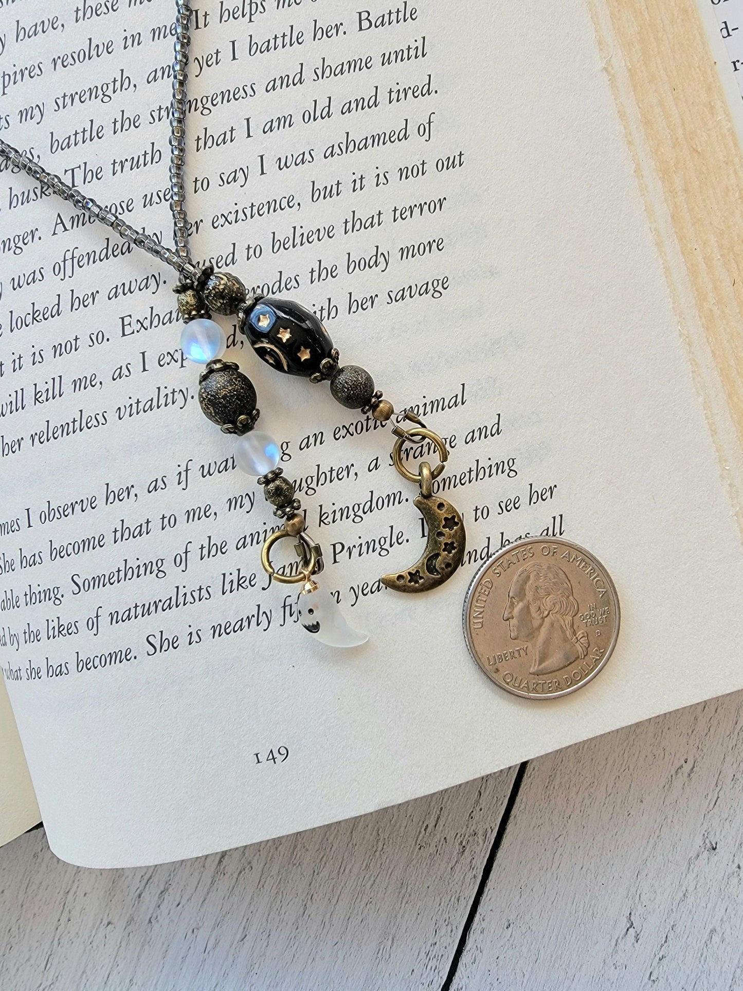 Whimsical Beaded Bookmark with Tiny Ghost Charm and Moon Bead