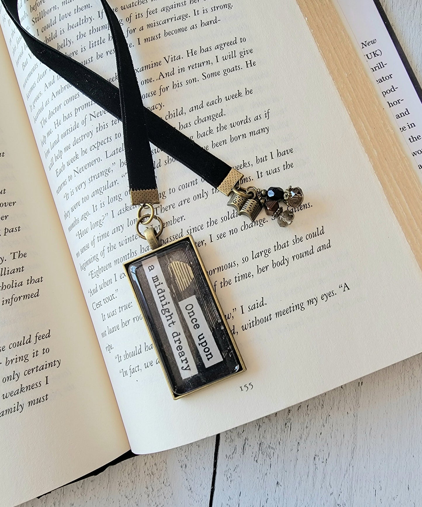 Unique Literary Gift: Quote Midnight Dreary Bookmark with Antique-style Book Charm for Bibliophiles