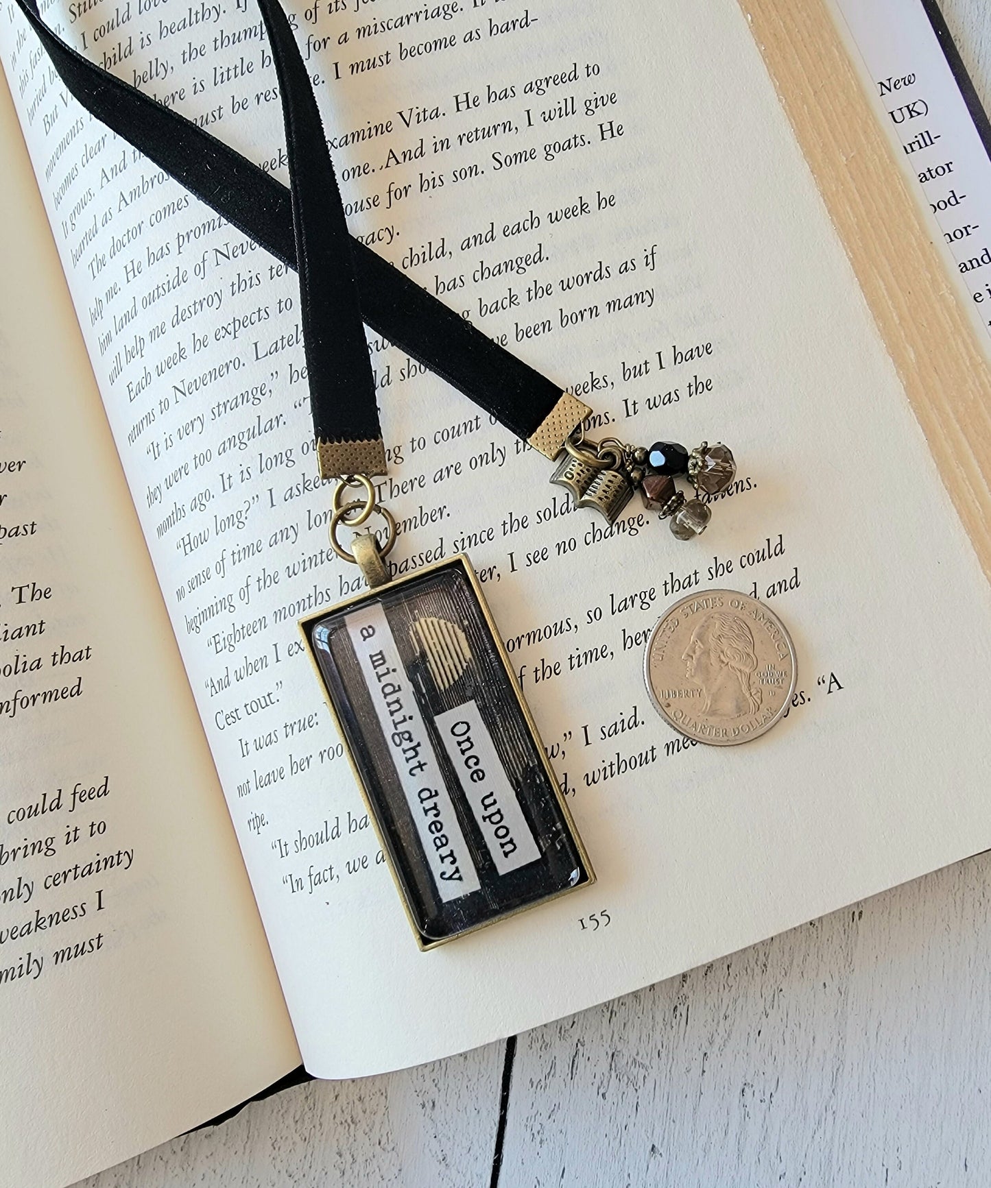 Unique Literary Gift: Quote Midnight Dreary Bookmark with Antique-style Book Charm for Bibliophiles
