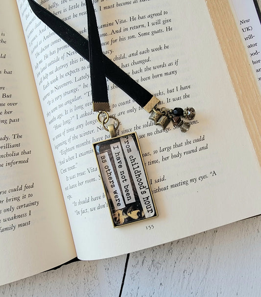 Unique Literary Gift: Quote From Childhood's Hour Bookmark with Antique-style Book Charm for Bibliophiles