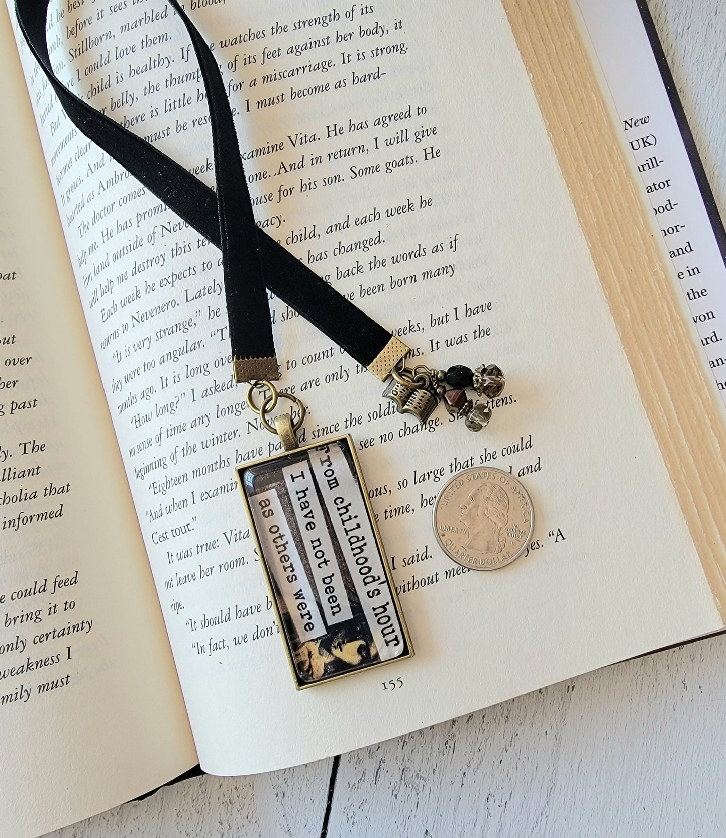 Unique Literary Gift: Quote From Childhood's Hour Bookmark with Antique-style Book Charm for Bibliophiles