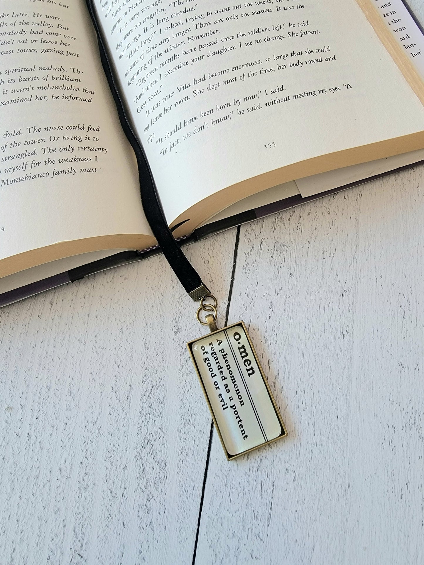 Dark Gothic Velvet Ribbon Bookmark with Pendant featuring Definition of Omen - Unique Literary Gift