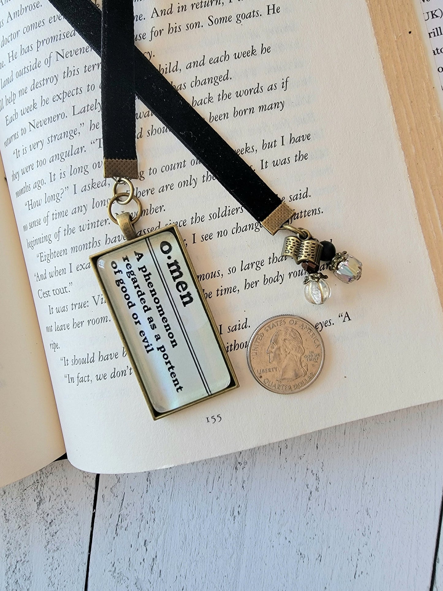 Dark Gothic Velvet Ribbon Bookmark with Pendant featuring Definition of Omen - Unique Literary Gift