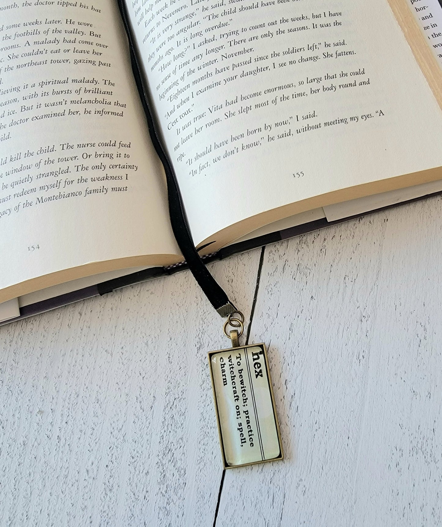 Dark Gothic Velvet Ribbon Bookmark with Pendant featuring Definition of Hex - Unique Literary Gift