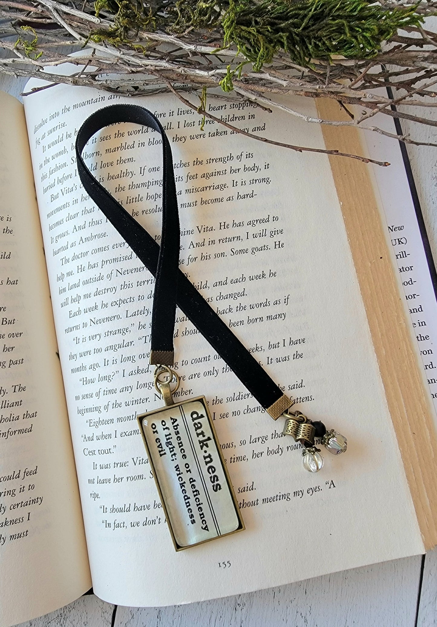Dark Gothic Velvet Ribbon Bookmark with Pendant featuring Definition of Darkness - Unique Literary Gift
